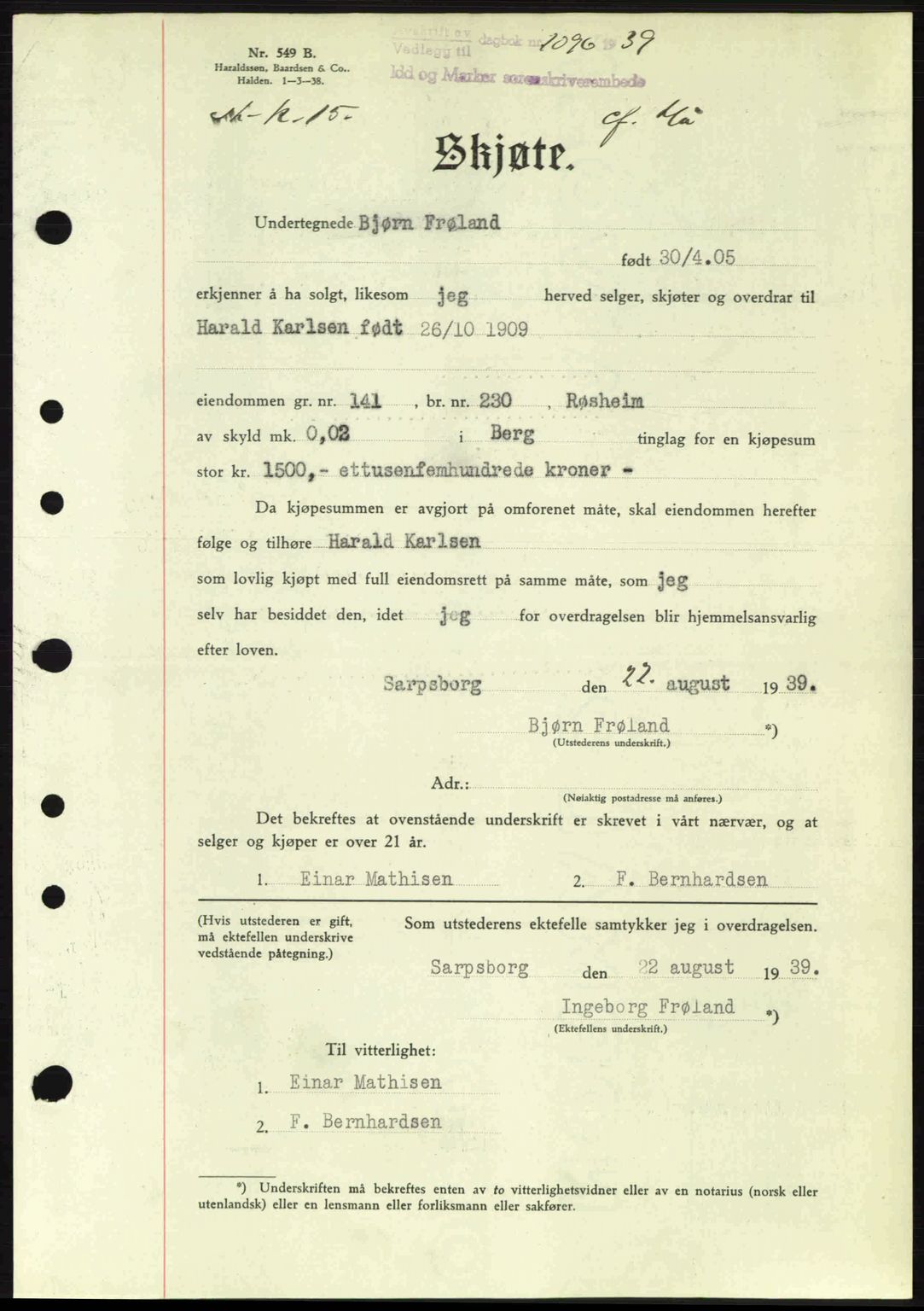 Idd og Marker sorenskriveri, AV/SAO-A-10283/G/Gb/Gbb/L0003: Mortgage book no. A3, 1938-1939, Diary no: : 1096/1939