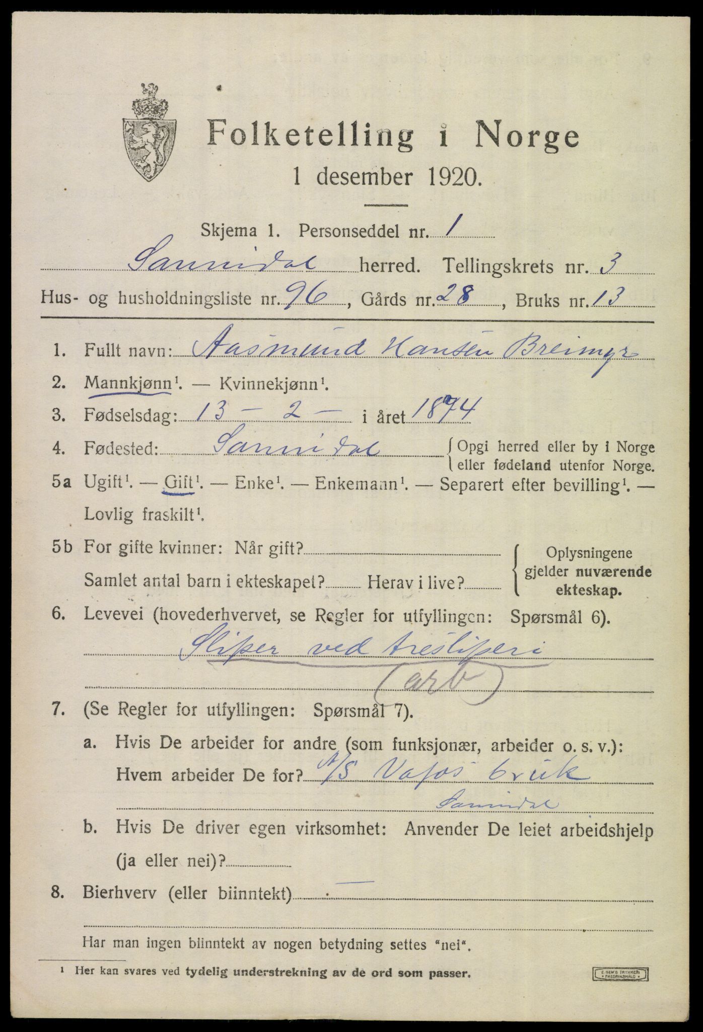 SAKO, 1920 census for Sannidal, 1920, p. 3319