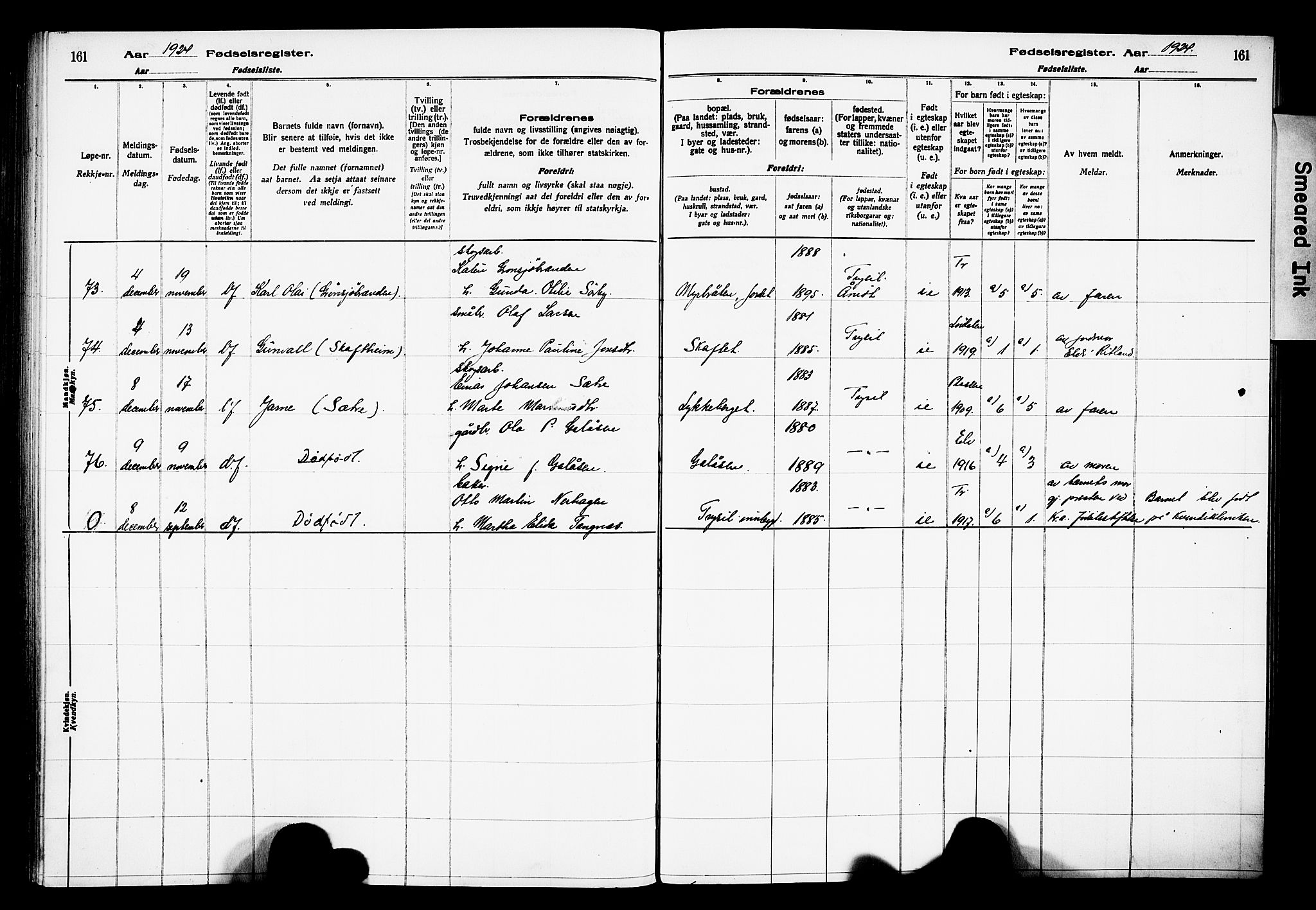 Trysil prestekontor, AV/SAH-PREST-046/I/Id/Ida/L0001: Birth register no. I 1, 1916-1927, p. 161