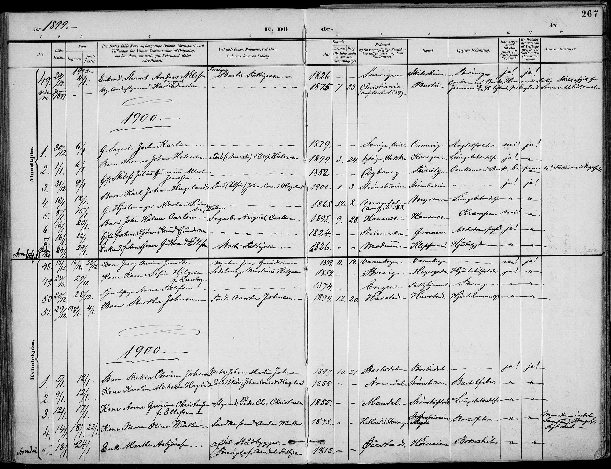 Barbu sokneprestkontor, SAK/1111-0003/F/Fa/L0005: Parish register (official) no. A 5, 1899-1909, p. 267