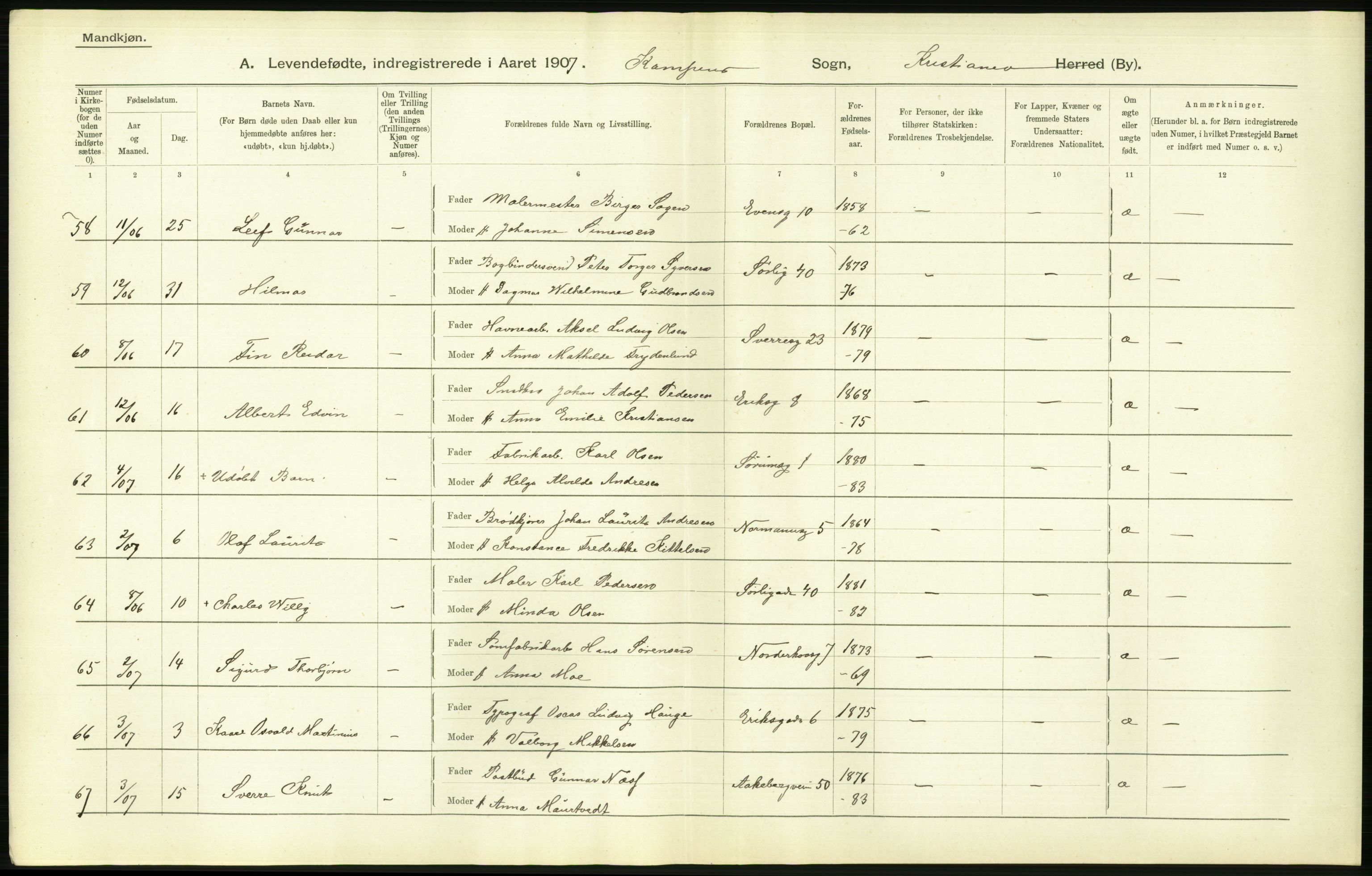 Statistisk sentralbyrå, Sosiodemografiske emner, Befolkning, AV/RA-S-2228/D/Df/Dfa/Dfae/L0007: Kristiania: Levendefødte menn og kvinner., 1907, p. 468