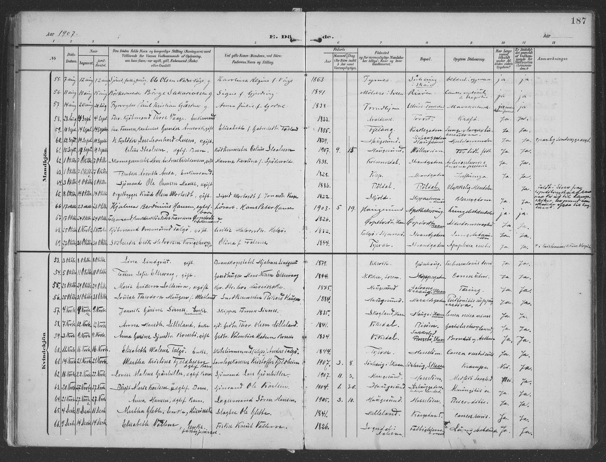 Haugesund sokneprestkontor, AV/SAST-A -101863/H/Ha/Haa/L0007: Parish register (official) no. A 7, 1904-1916, p. 187