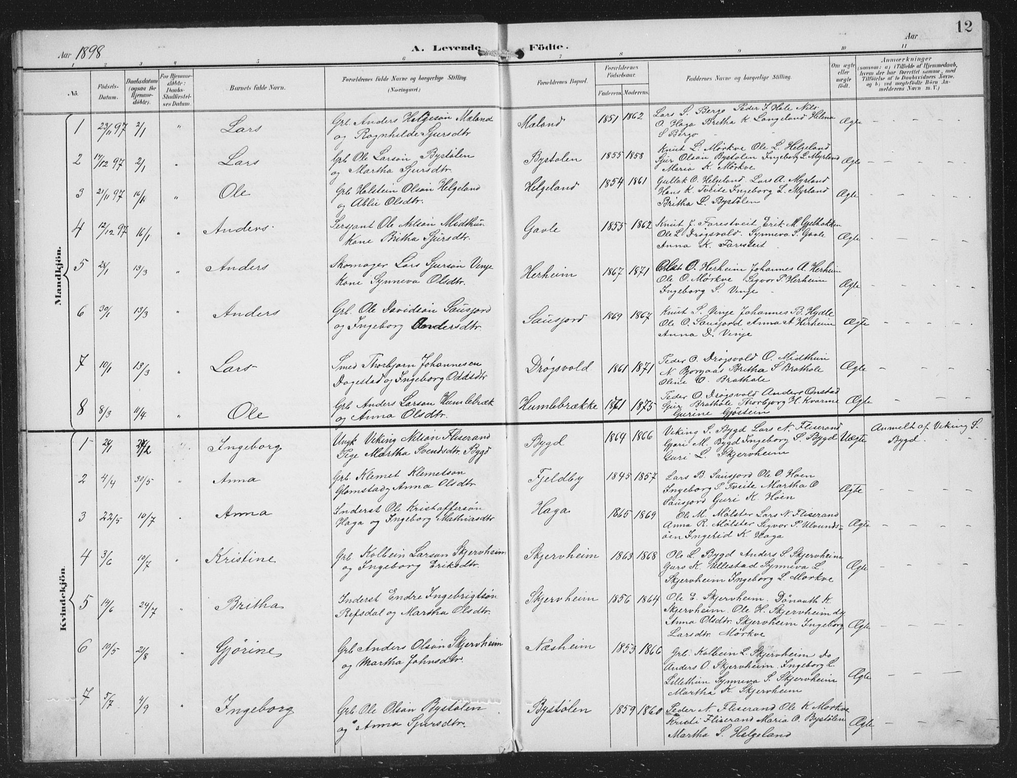 Vossestrand Sokneprestembete, SAB/A-79101/H/Hab: Parish register (copy) no. B 4, 1894-1941, p. 12