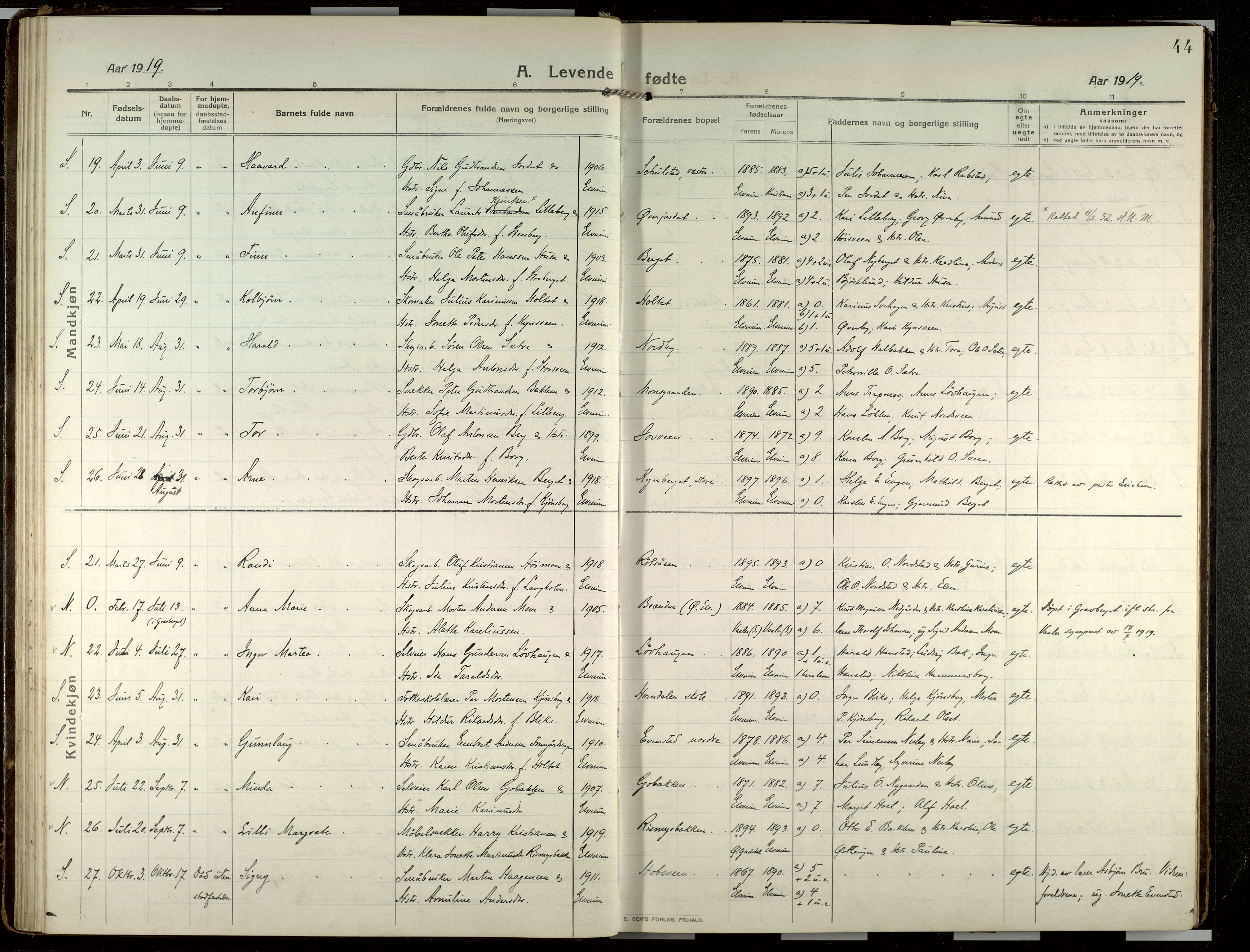 Elverum prestekontor, AV/SAH-PREST-044/H/Ha/Haa/L0022: Parish register (official) no. 22, 1913-1924, p. 44