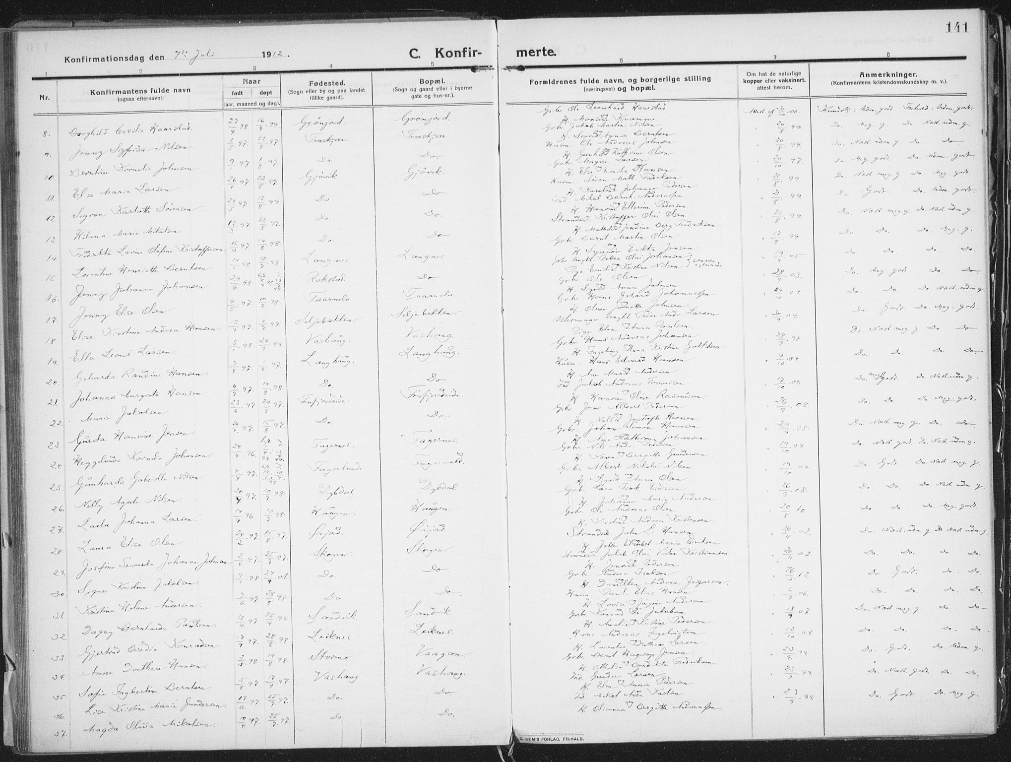 Lenvik sokneprestembete, AV/SATØ-S-1310/H/Ha/Haa/L0016kirke: Parish register (official) no. 16, 1910-1924, p. 141