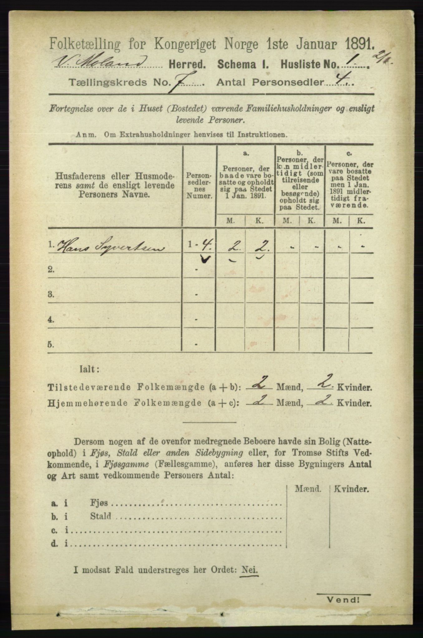 RA, 1891 census for 0926 Vestre Moland, 1891, p. 2760