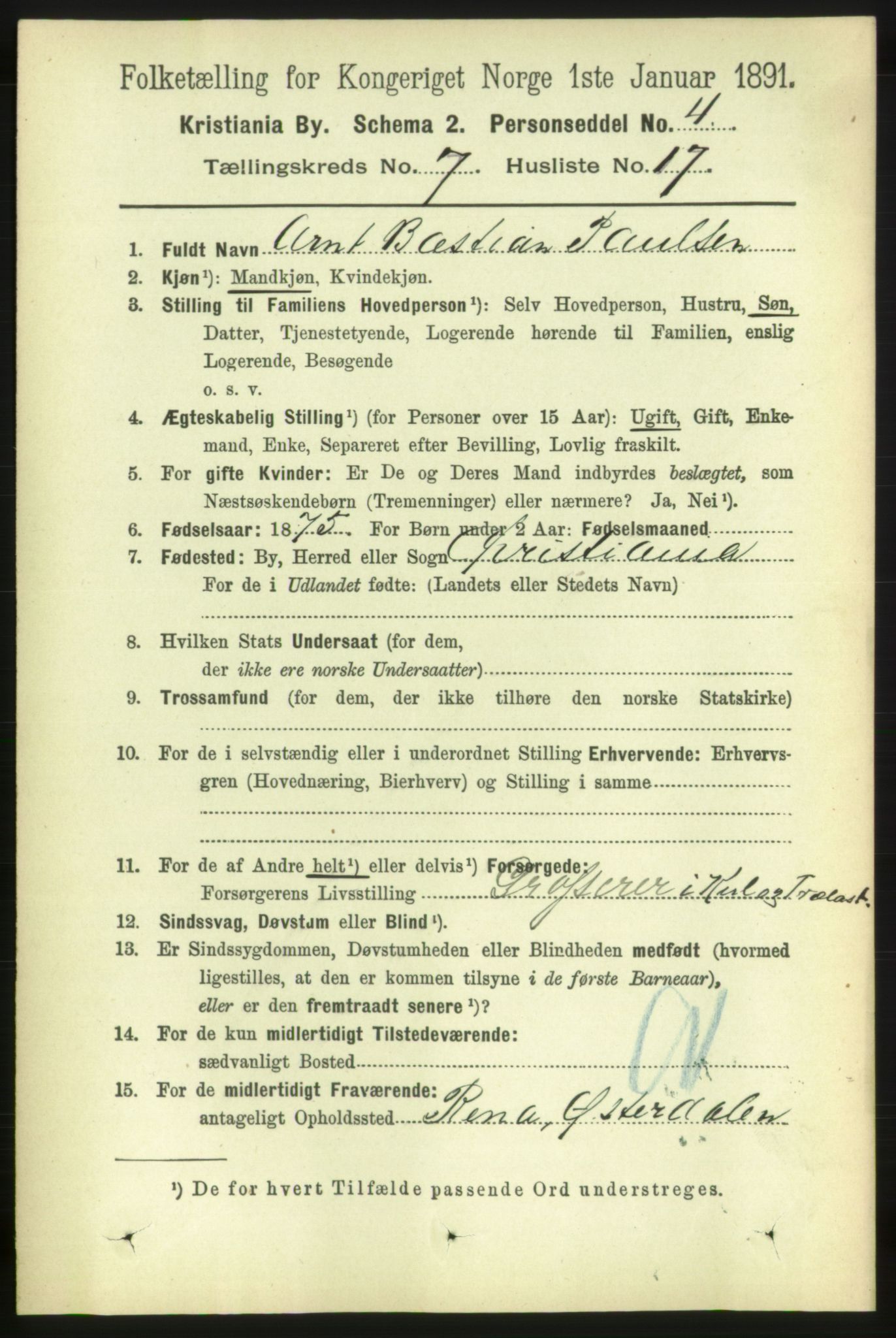 RA, 1891 census for 0301 Kristiania, 1891, p. 2973