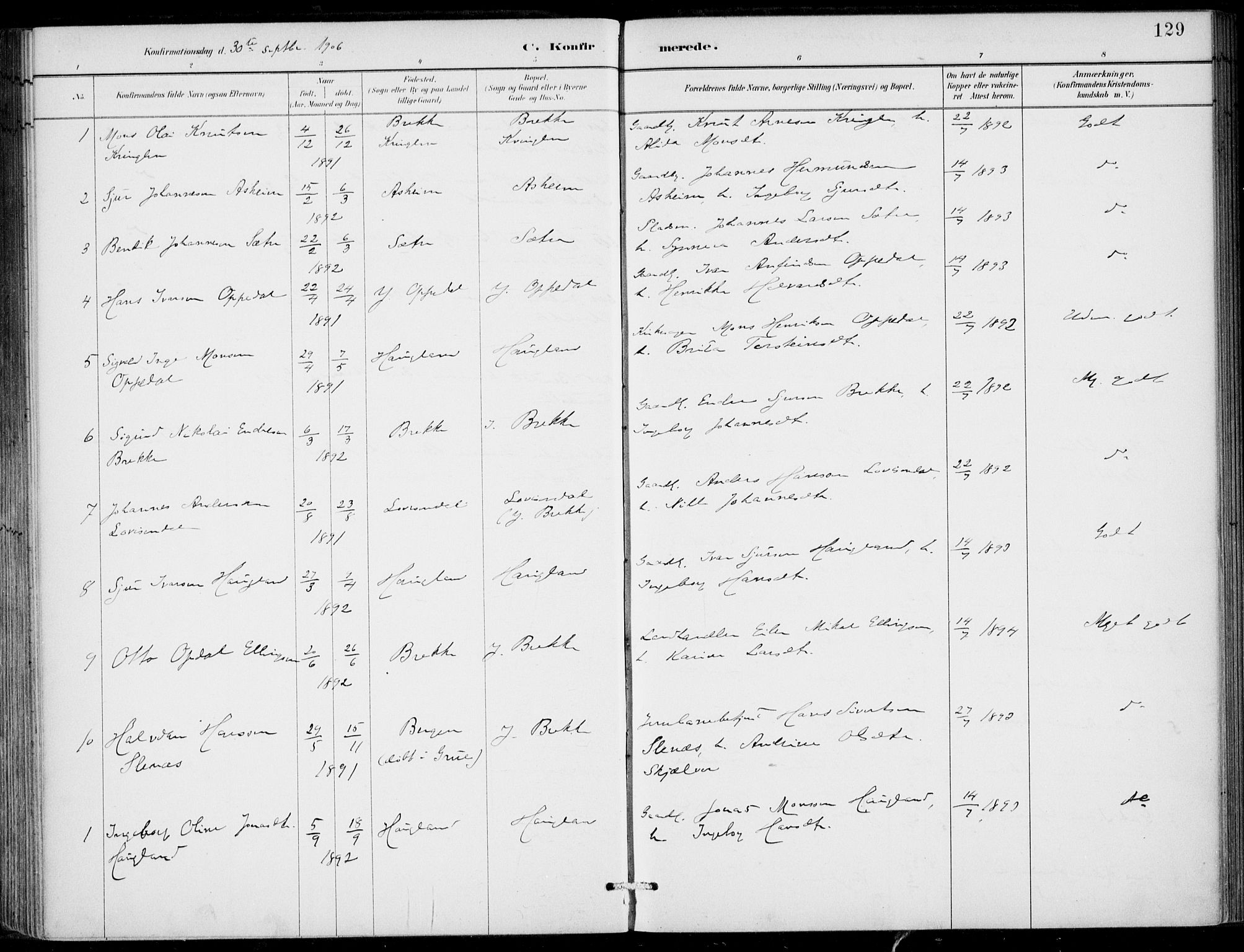 Gulen sokneprestembete, AV/SAB-A-80201/H/Haa/Haac/L0002: Parish register (official) no. C  2, 1882-1914, p. 129