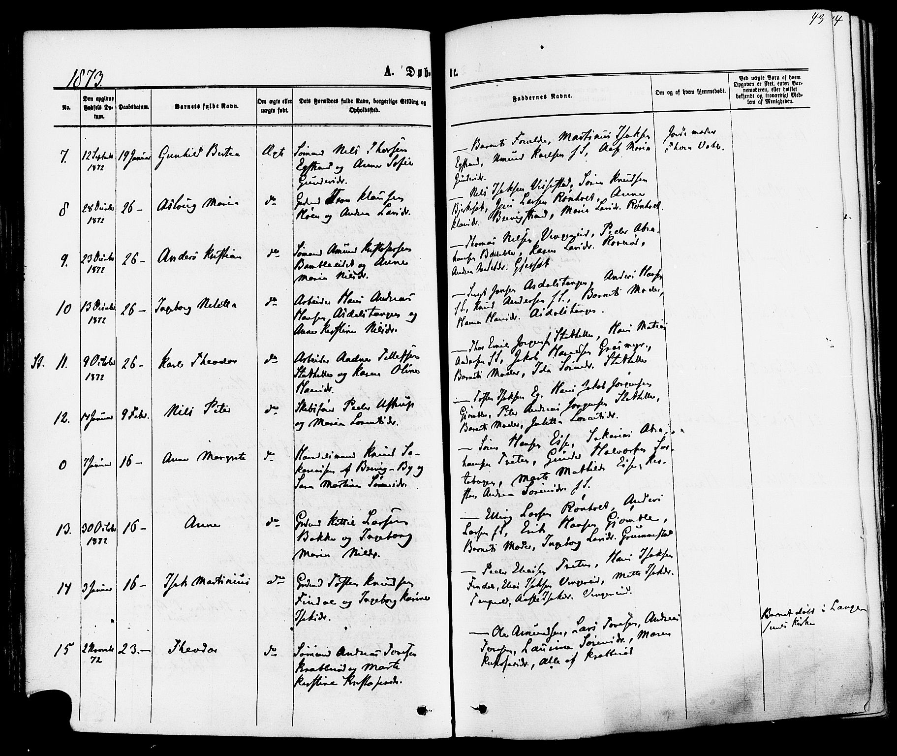 Bamble kirkebøker, AV/SAKO-A-253/F/Fa/L0006: Parish register (official) no. I 6, 1869-1877, p. 43