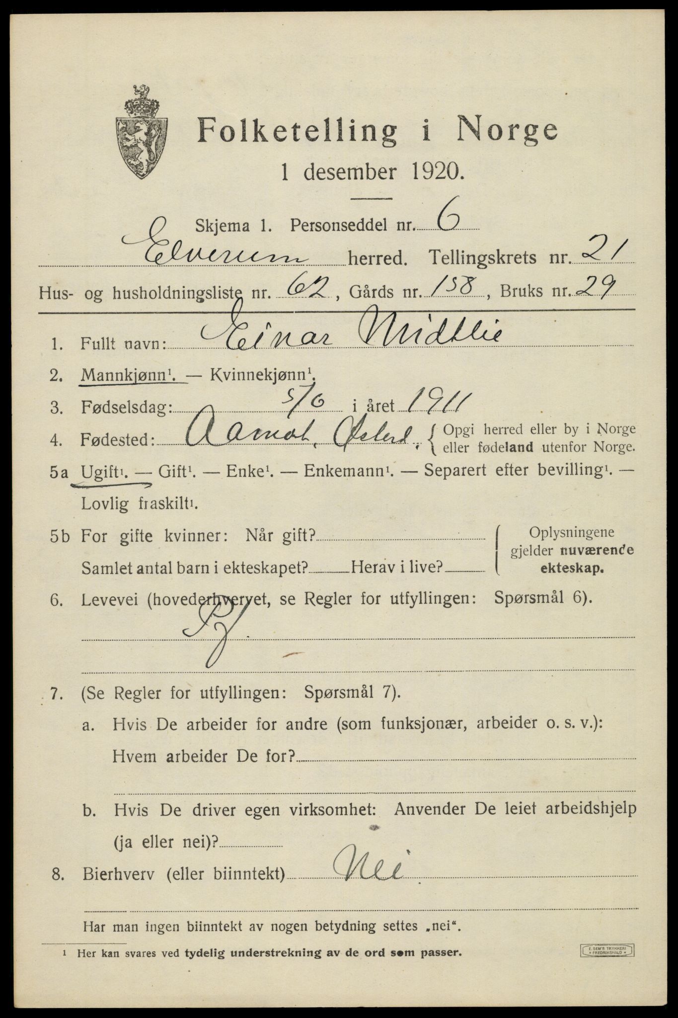 SAH, 1920 census for Elverum, 1920, p. 24544