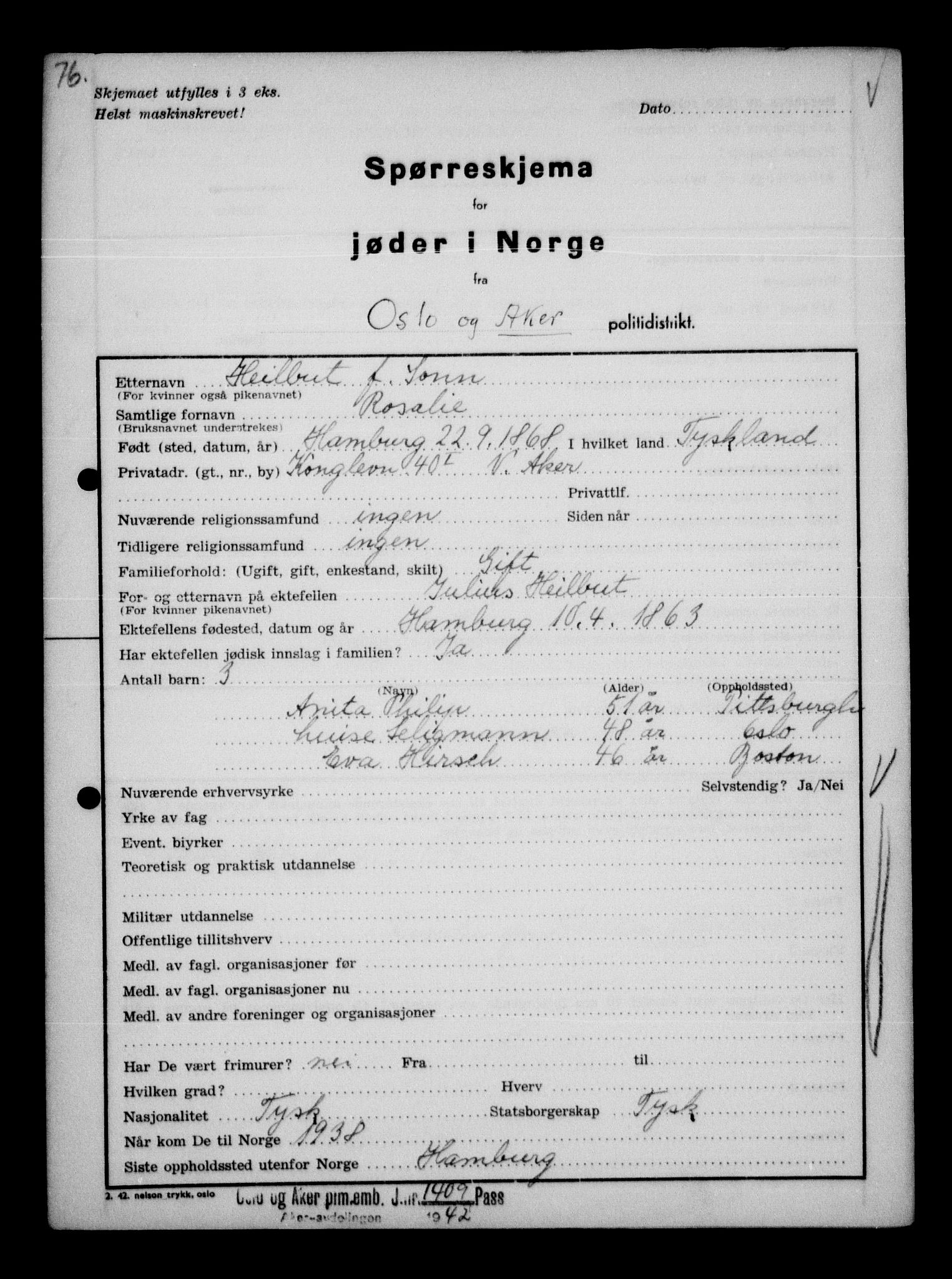 Statspolitiet - Hovedkontoret / Osloavdelingen, AV/RA-S-1329/G/Ga/L0011: Spørreskjema for jøder i Norge. 1: Oslo 610-806 (Plavnik-Zwillinger). 2: Aker 1-113 (Adler-Lewin). , 1942, p. 813