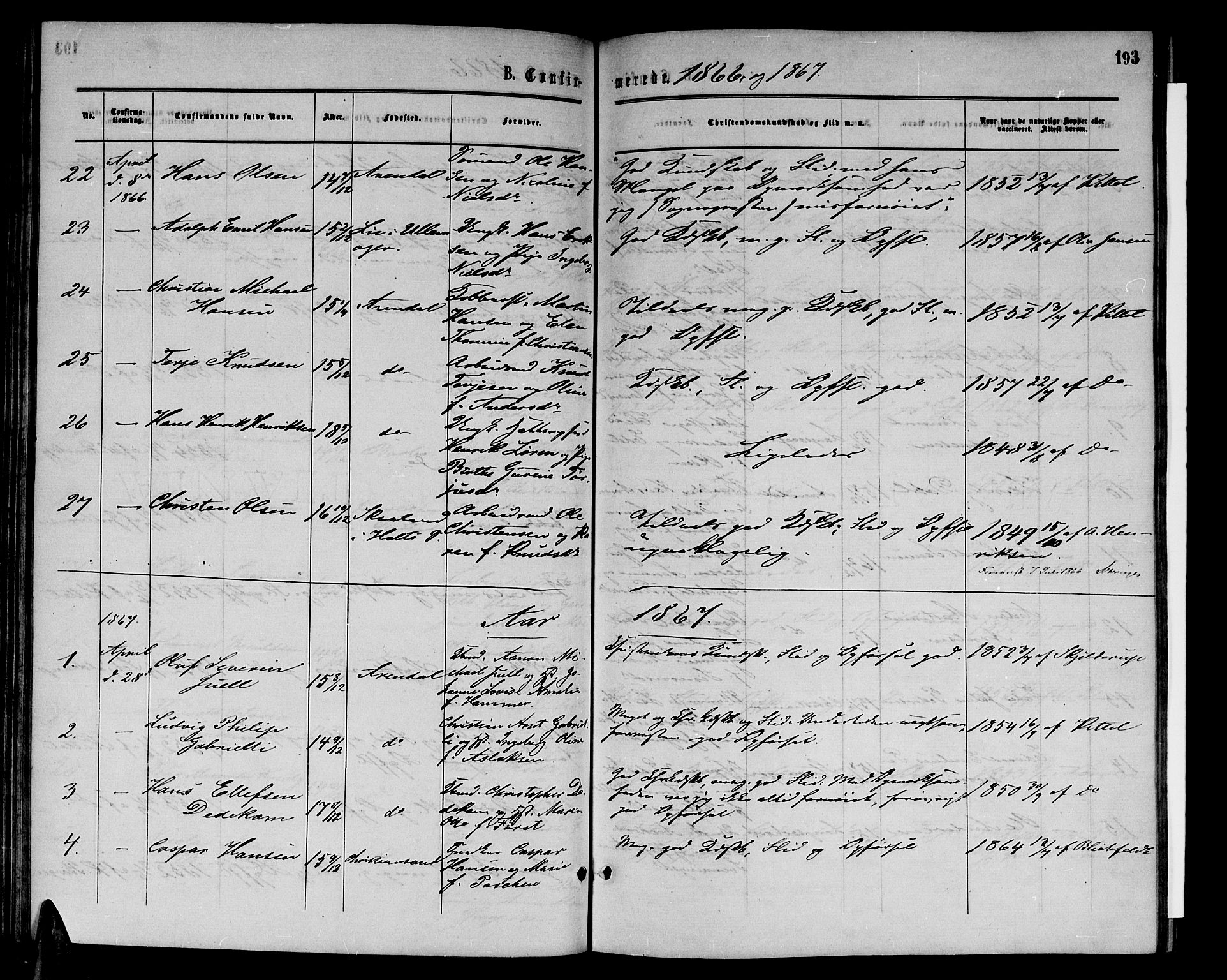 Arendal sokneprestkontor, Trefoldighet, AV/SAK-1111-0040/F/Fb/L0004: Parish register (copy) no. B 4, 1861-1873, p. 193
