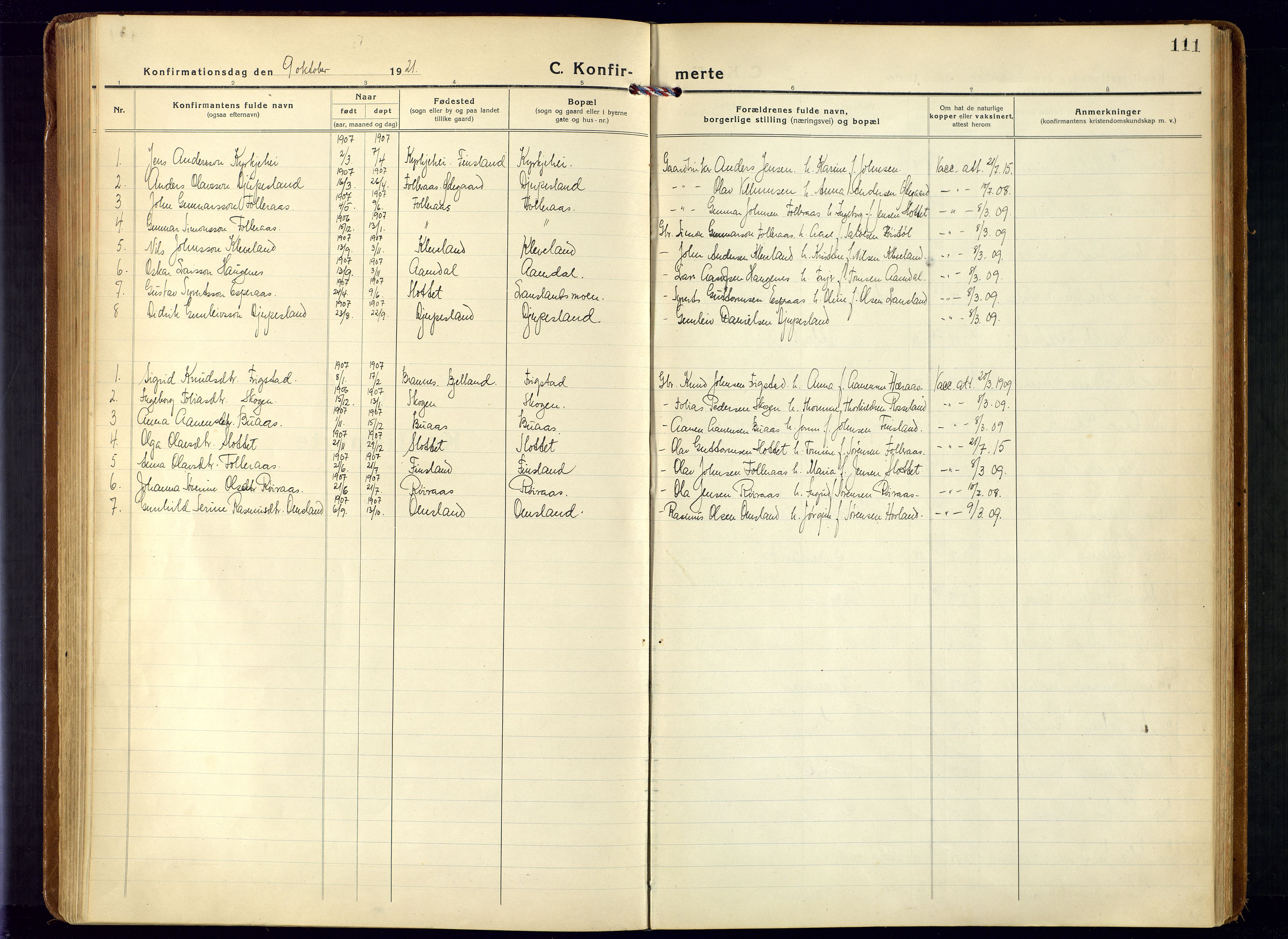 Bjelland sokneprestkontor, SAK/1111-0005/F/Fa/Fab/L0005: Parish register (official) no. A 5, 1921-1951, p. 111
