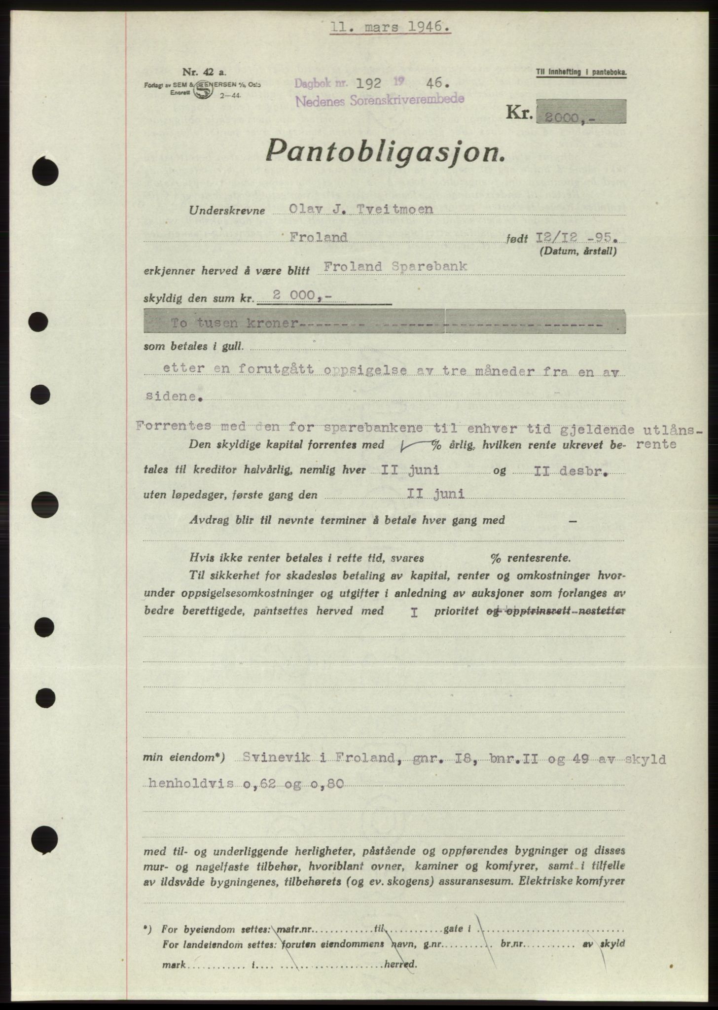Nedenes sorenskriveri, SAK/1221-0006/G/Gb/Gbb/L0003: Mortgage book no. B3b, 1946-1946, Diary no: : 192/1946