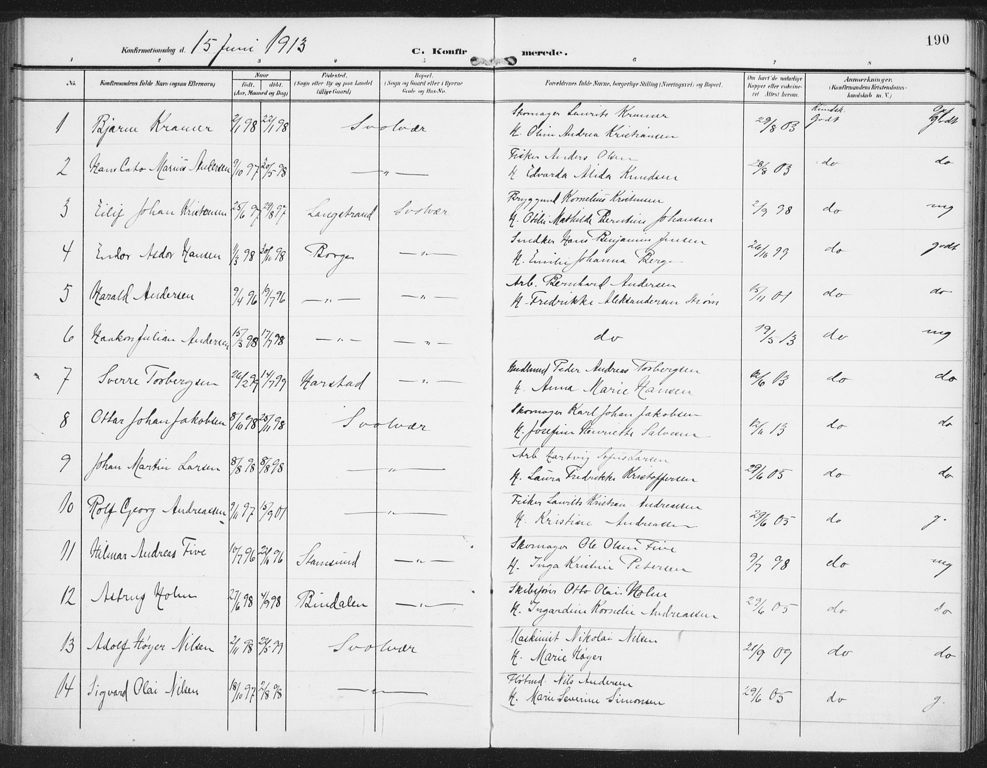 Ministerialprotokoller, klokkerbøker og fødselsregistre - Nordland, AV/SAT-A-1459/874/L1063: Parish register (official) no. 874A07, 1907-1915, p. 190