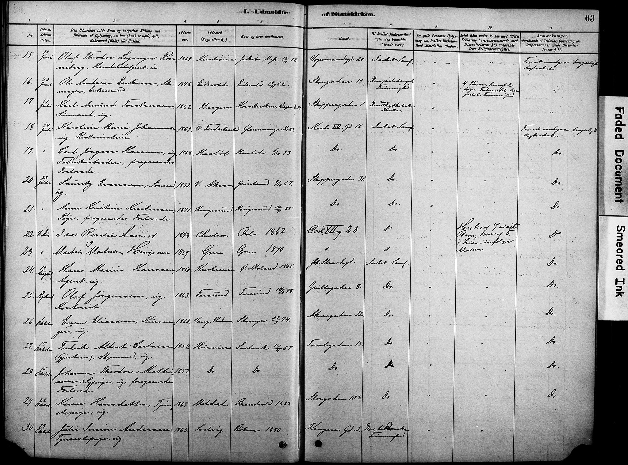 Oslo domkirke Kirkebøker, SAO/A-10752/F/Fa/L0038: Parish register (official) no. 38, 1878-1921, p. 63