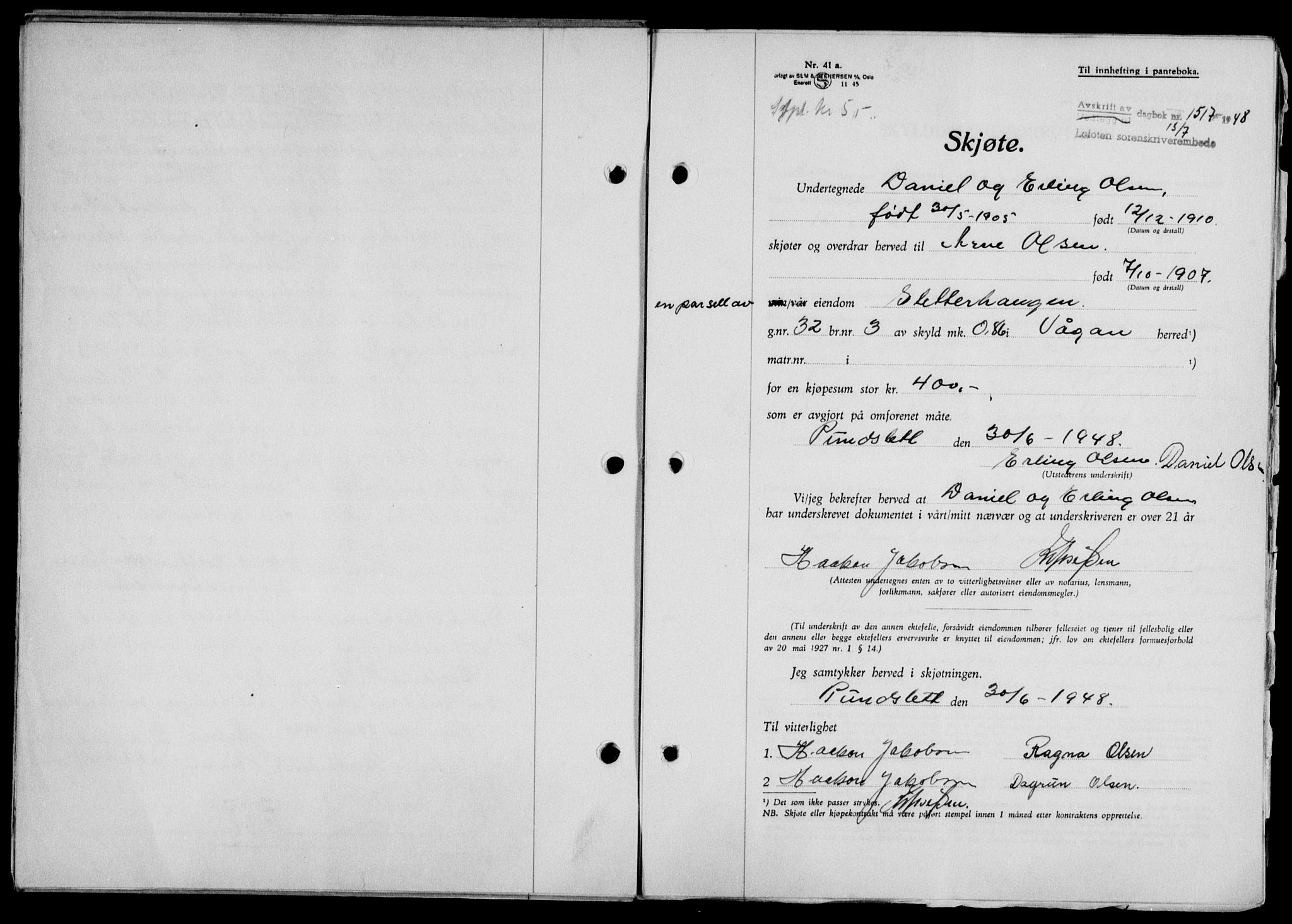 Lofoten sorenskriveri, SAT/A-0017/1/2/2C/L0018a: Mortgage book no. 18a, 1948-1948, Diary no: : 1517/1948