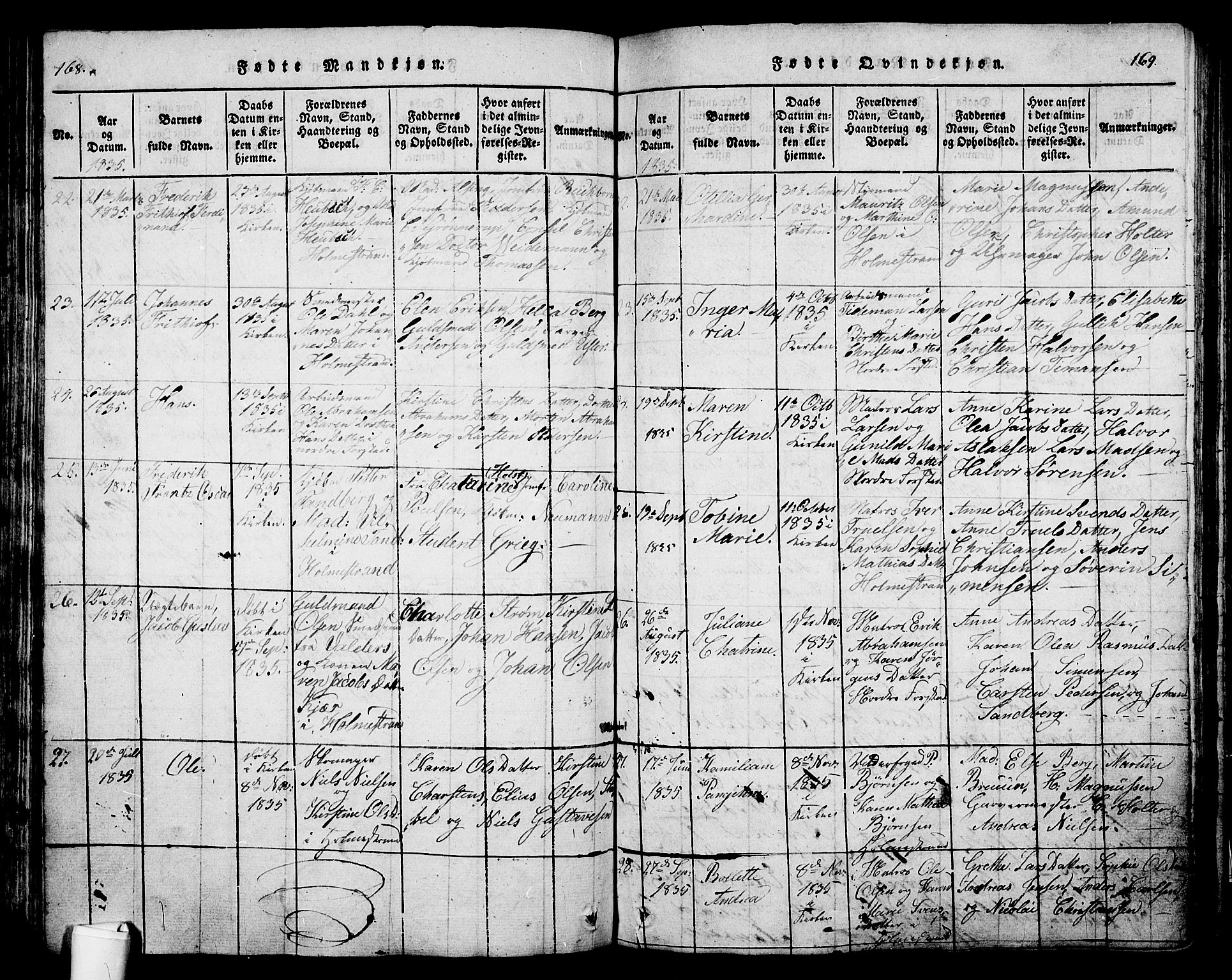 Holmestrand kirkebøker, AV/SAKO-A-346/G/Ga/L0001: Parish register (copy) no. 1, 1814-1848, p. 168-169