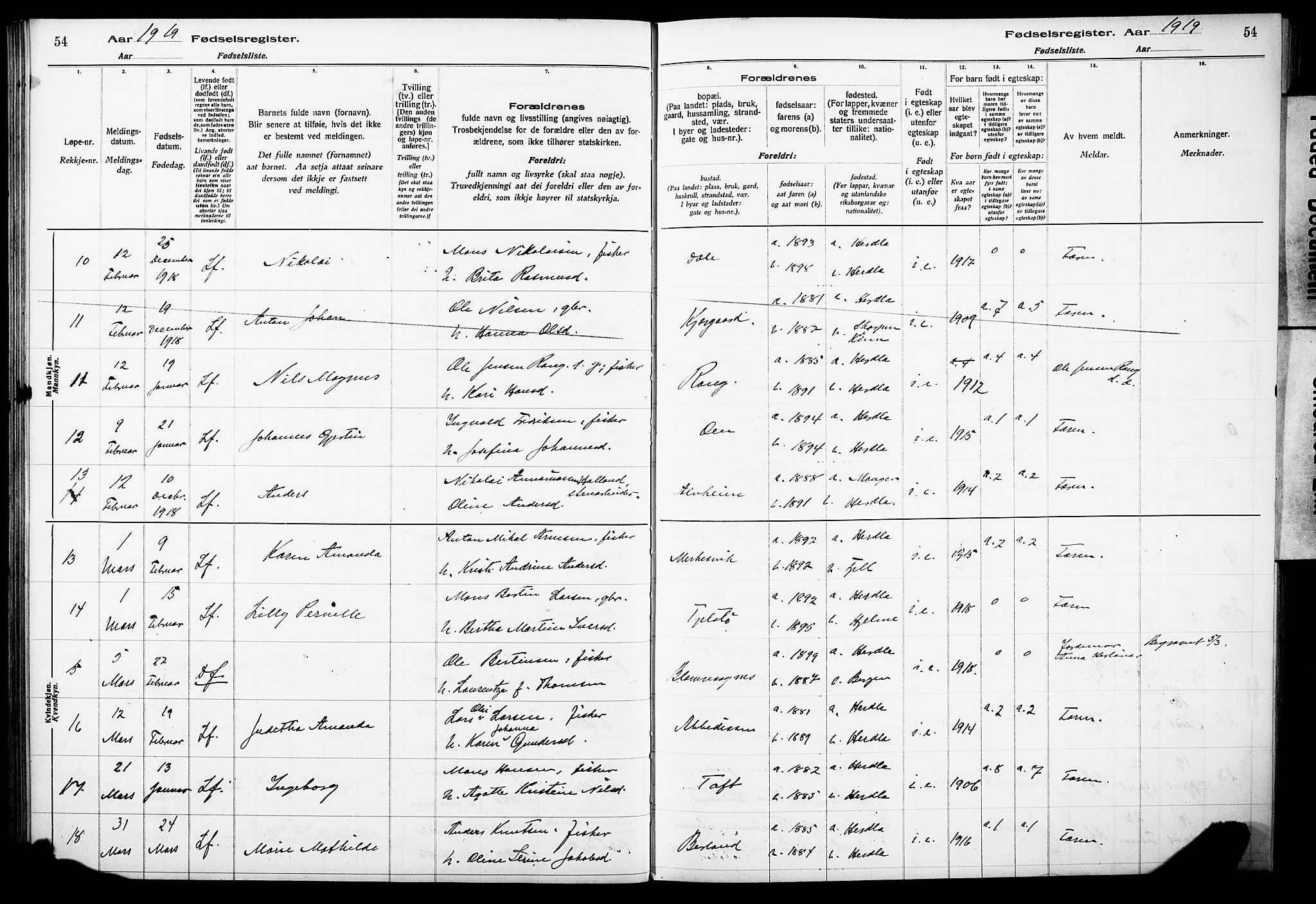 Herdla Sokneprestembete, AV/SAB-A-75701/I/Id/L00A1: Birth register no. A 1, 1916-1929, p. 54