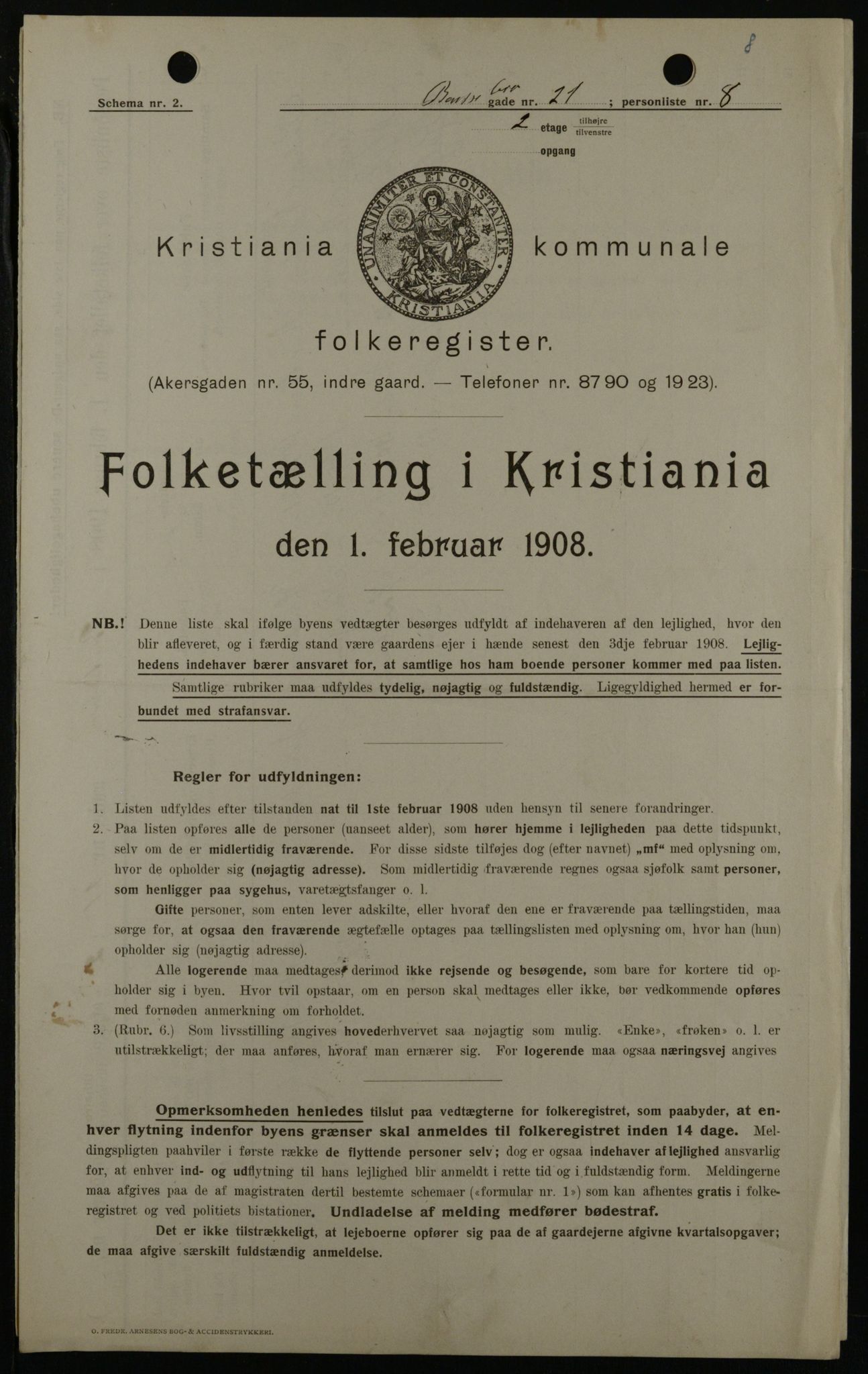 OBA, Municipal Census 1908 for Kristiania, 1908, p. 3555