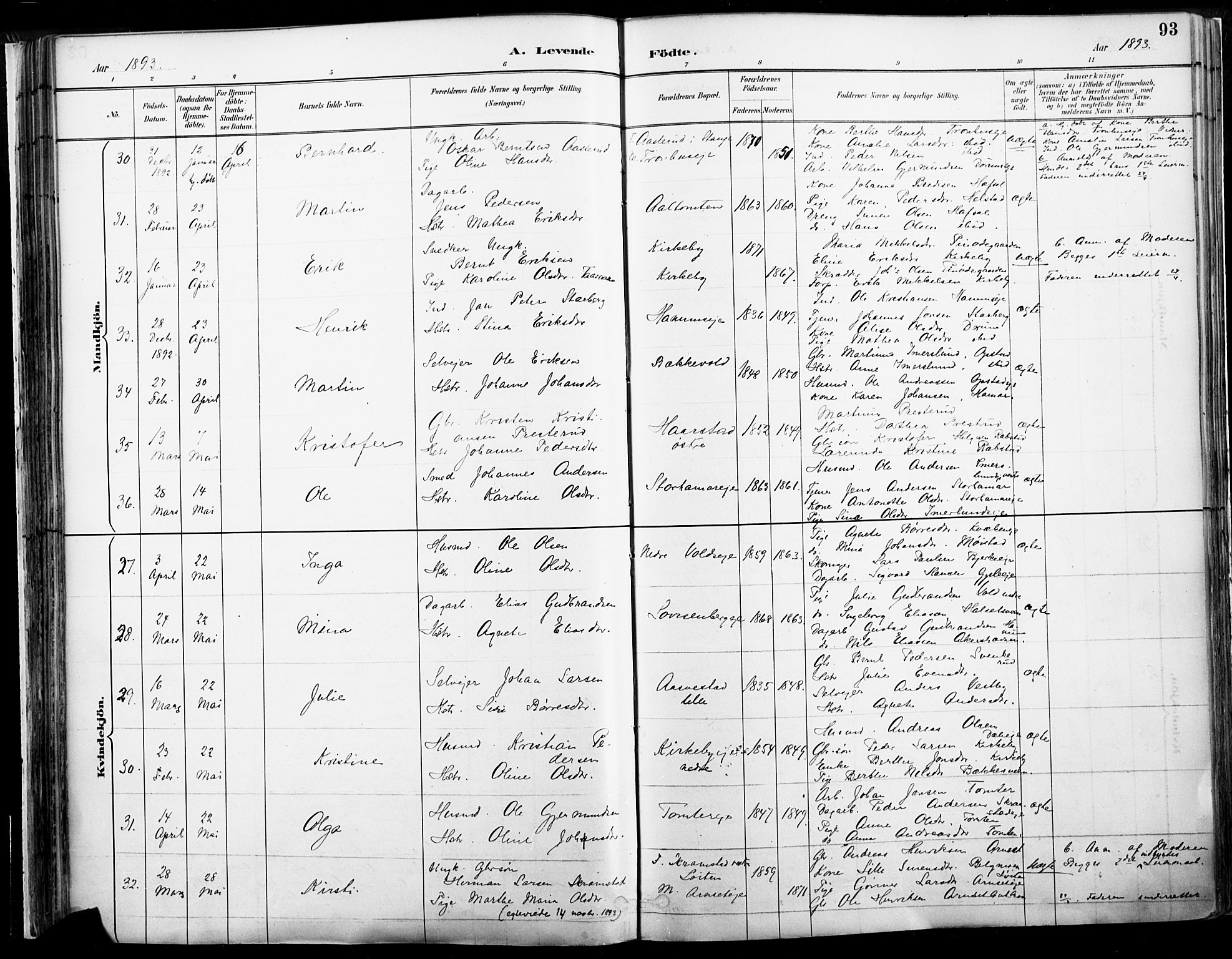Vang prestekontor, Hedmark, SAH/PREST-008/H/Ha/Haa/L0019A: Parish register (official) no. 19, 1886-1900, p. 93