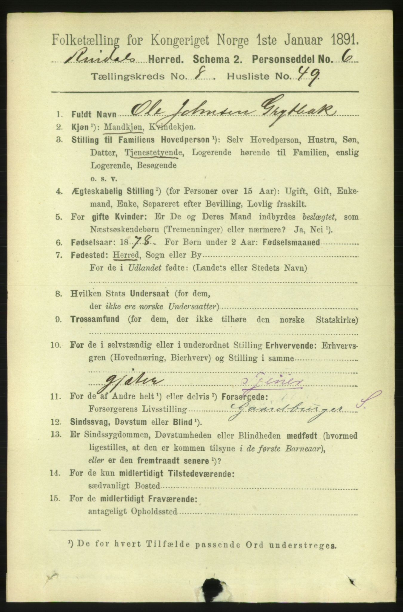 RA, 1891 census for 1567 Rindal, 1891, p. 2820