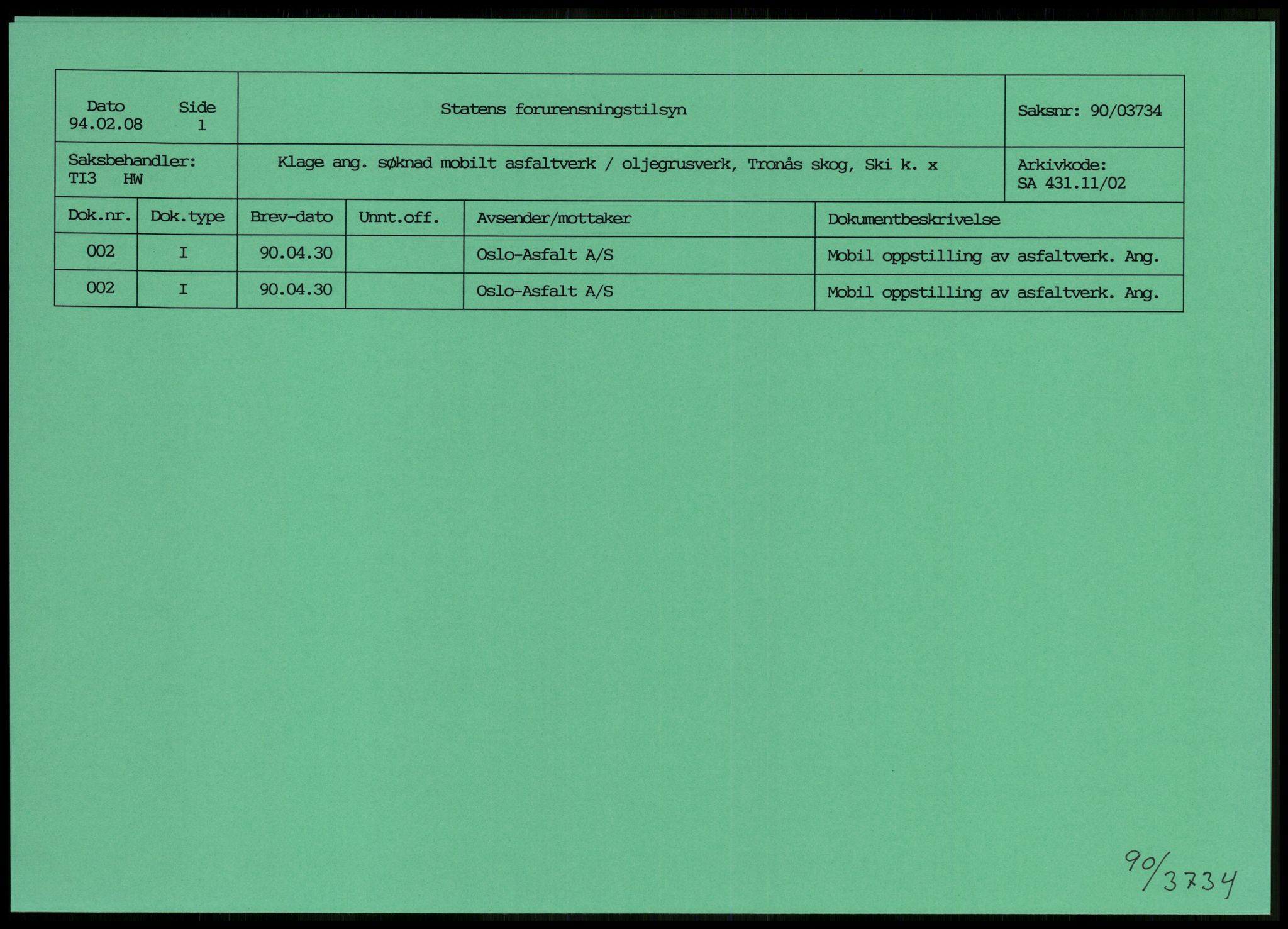 Statens forurensningstilsyn, hovedkontoret, AV/RA-S-4136/1/D/Da/L0493: Konsesjonssaker, 1985-1993, p. 263