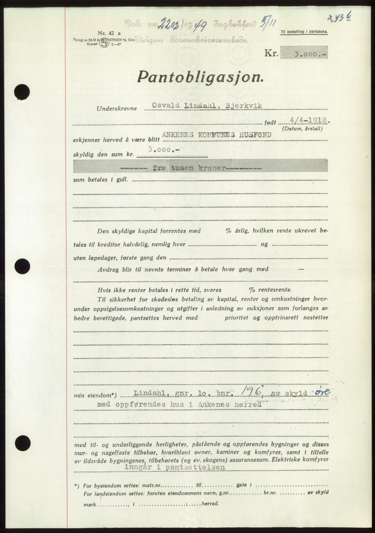 Steigen og Ofoten sorenskriveri, AV/SAT-A-0030/1/2/2C: Mortgage book no. B12-14, 1948-1950, Diary no: : 2202/1949