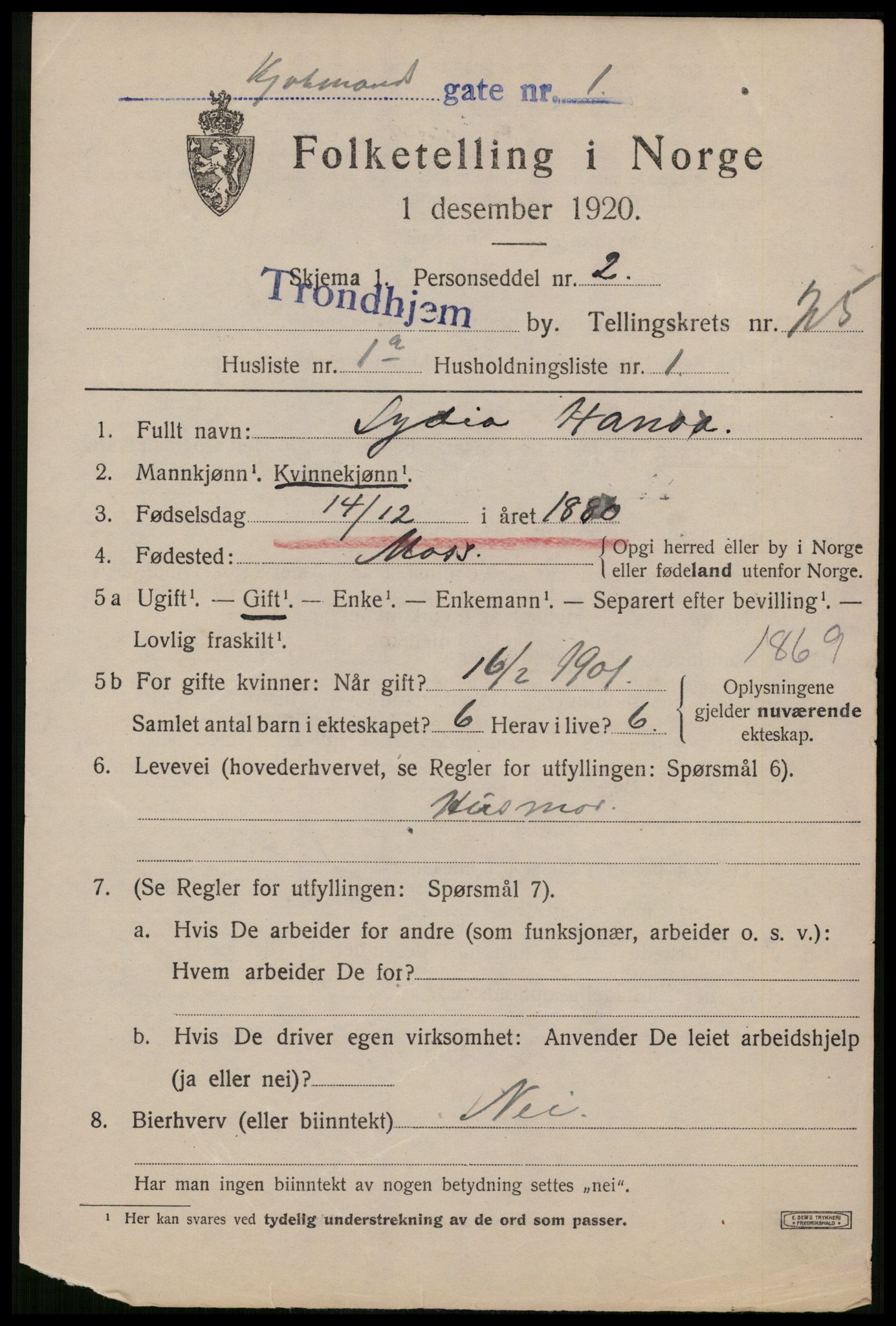 SAT, 1920 census for Trondheim, 1920, p. 67026