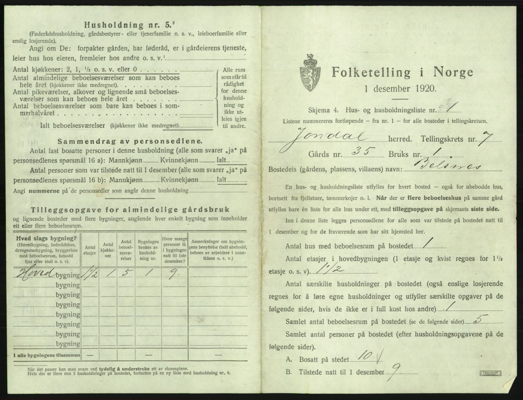 SAB, 1920 census for Jondal, 1920, p. 605