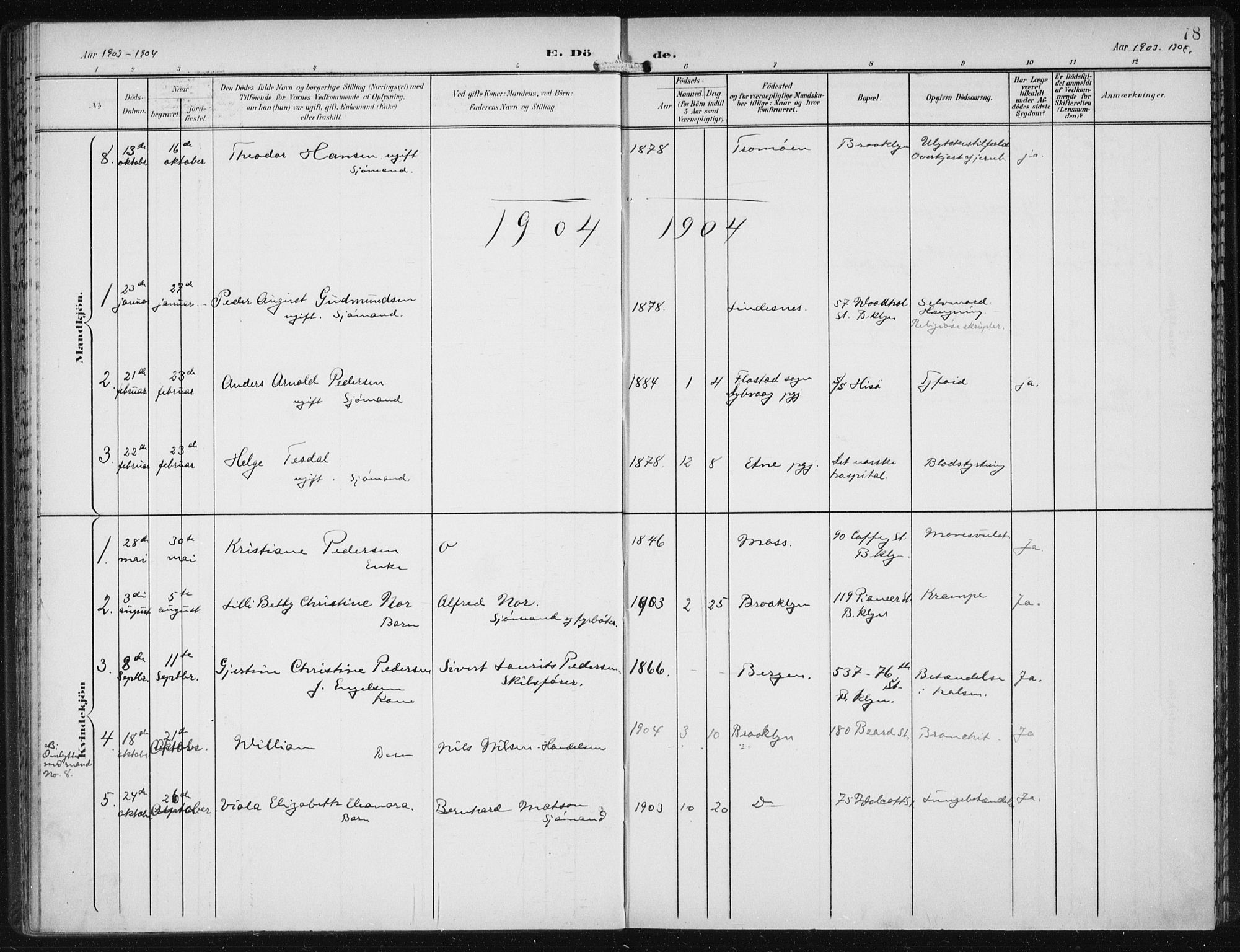 Den norske sjømannsmisjon i utlandet/New York, SAB/SAB/PA-0110/H/Ha/L0005: Parish register (official) no. A 5, 1902-1908, p. 78