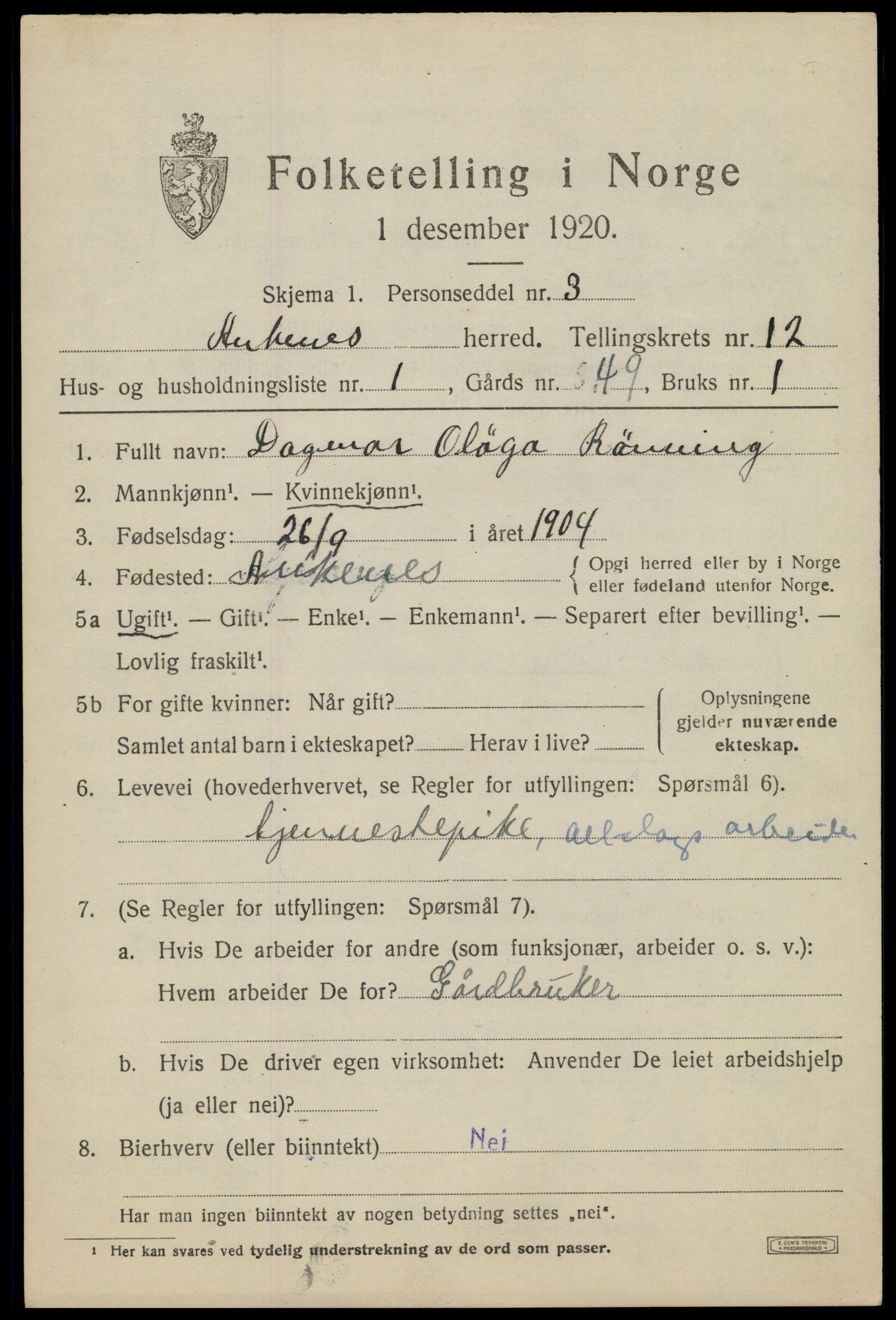 SAT, 1920 census for Ankenes, 1920, p. 6371