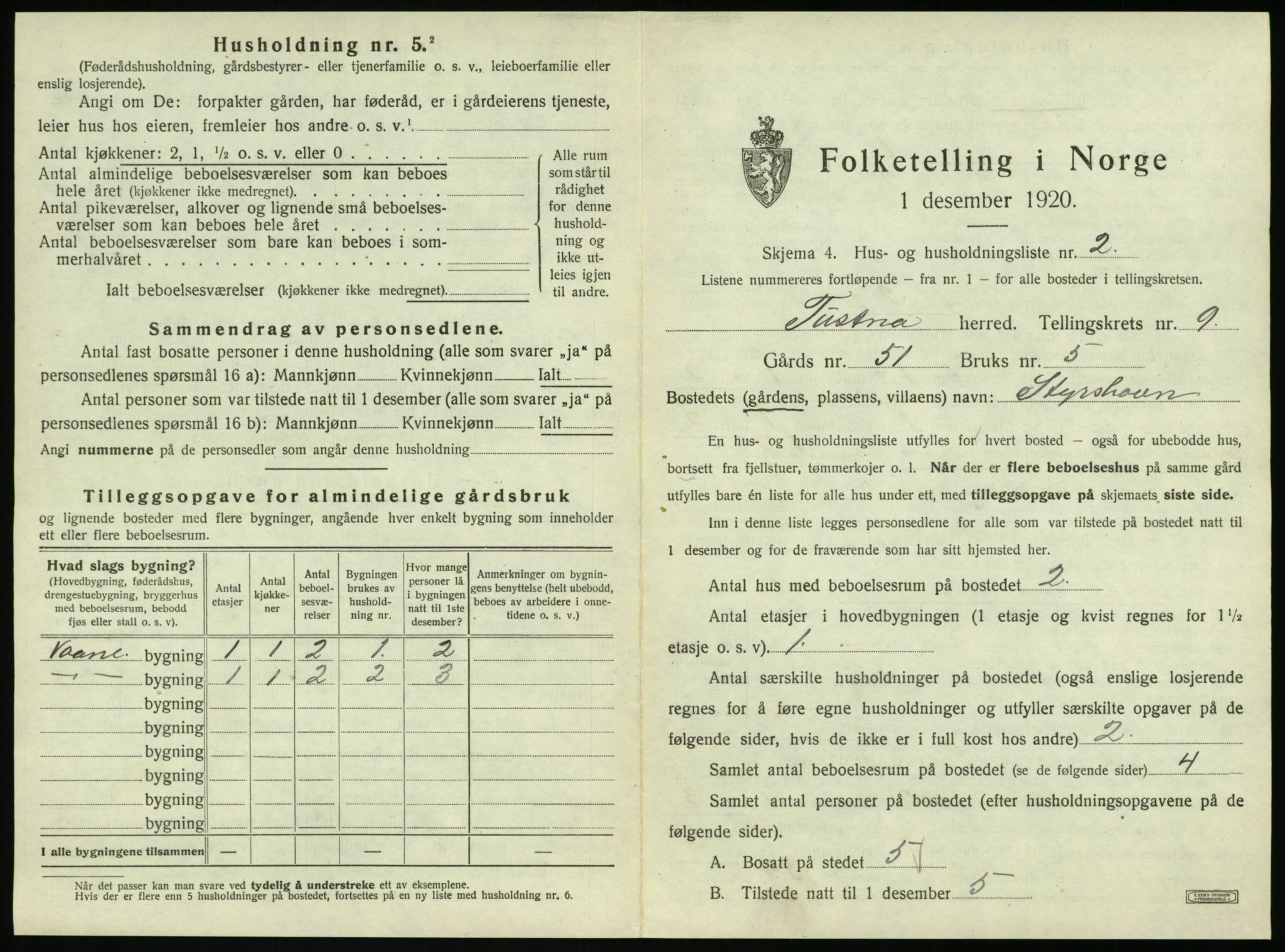 SAT, 1920 census for Tustna, 1920, p. 579