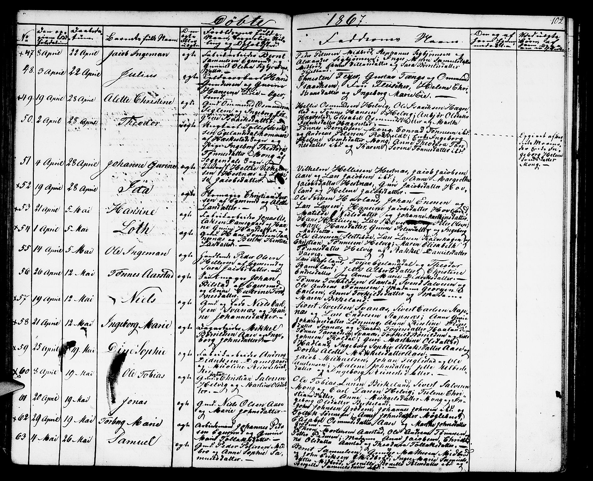 Eigersund sokneprestkontor, SAST/A-101807/S09/L0004: Parish register (copy) no. B 4, 1855-1871, p. 102