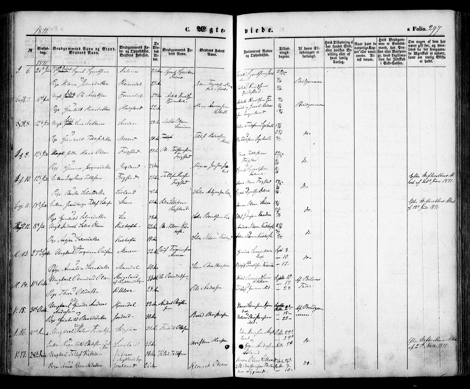 Evje sokneprestkontor, AV/SAK-1111-0008/F/Fa/Faa/L0006: Parish register (official) no. A 6, 1866-1884, p. 297
