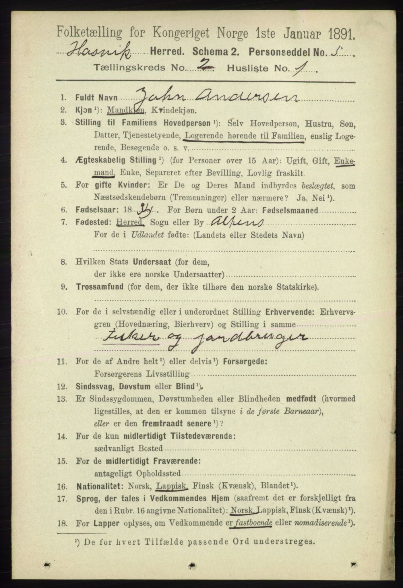 RA, 1891 census for 2015 Hasvik, 1891, p. 283