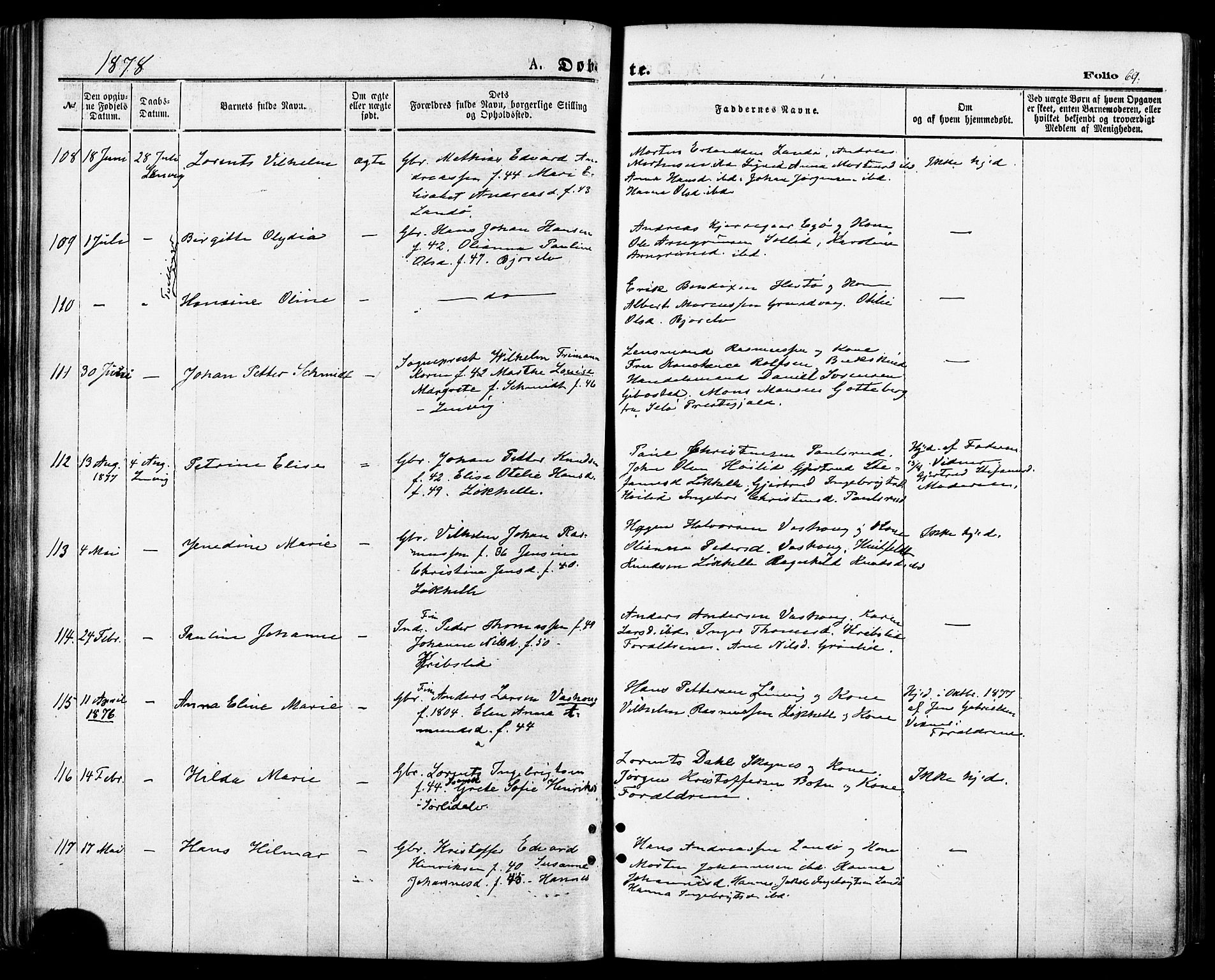 Lenvik sokneprestembete, SATØ/S-1310/H/Ha/Haa/L0010kirke: Parish register (official) no. 10, 1873-1880, p. 69