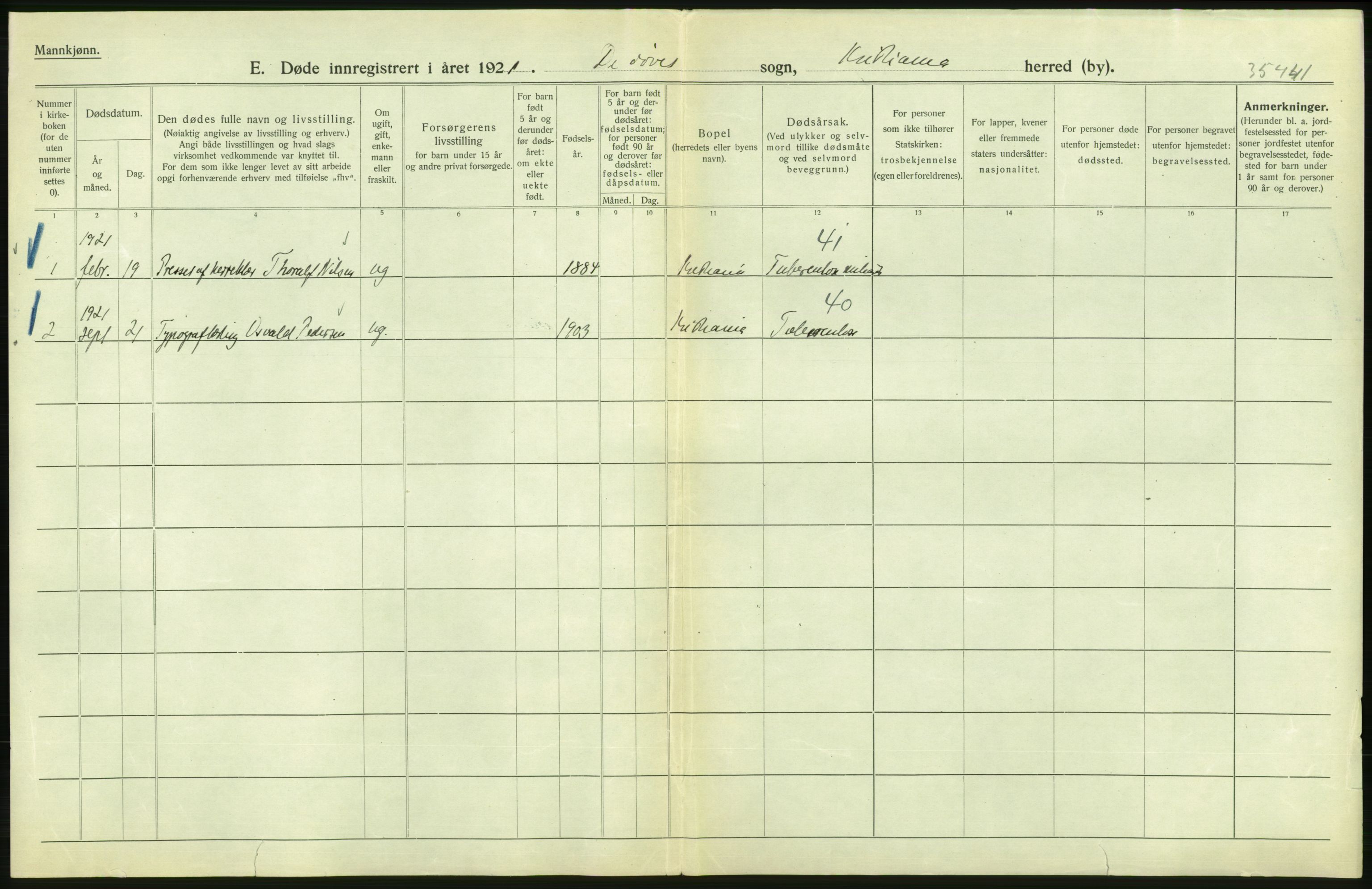 Statistisk sentralbyrå, Sosiodemografiske emner, Befolkning, AV/RA-S-2228/D/Df/Dfc/Dfca/L0013: Kristiania: Døde, dødfødte, 1921, p. 2