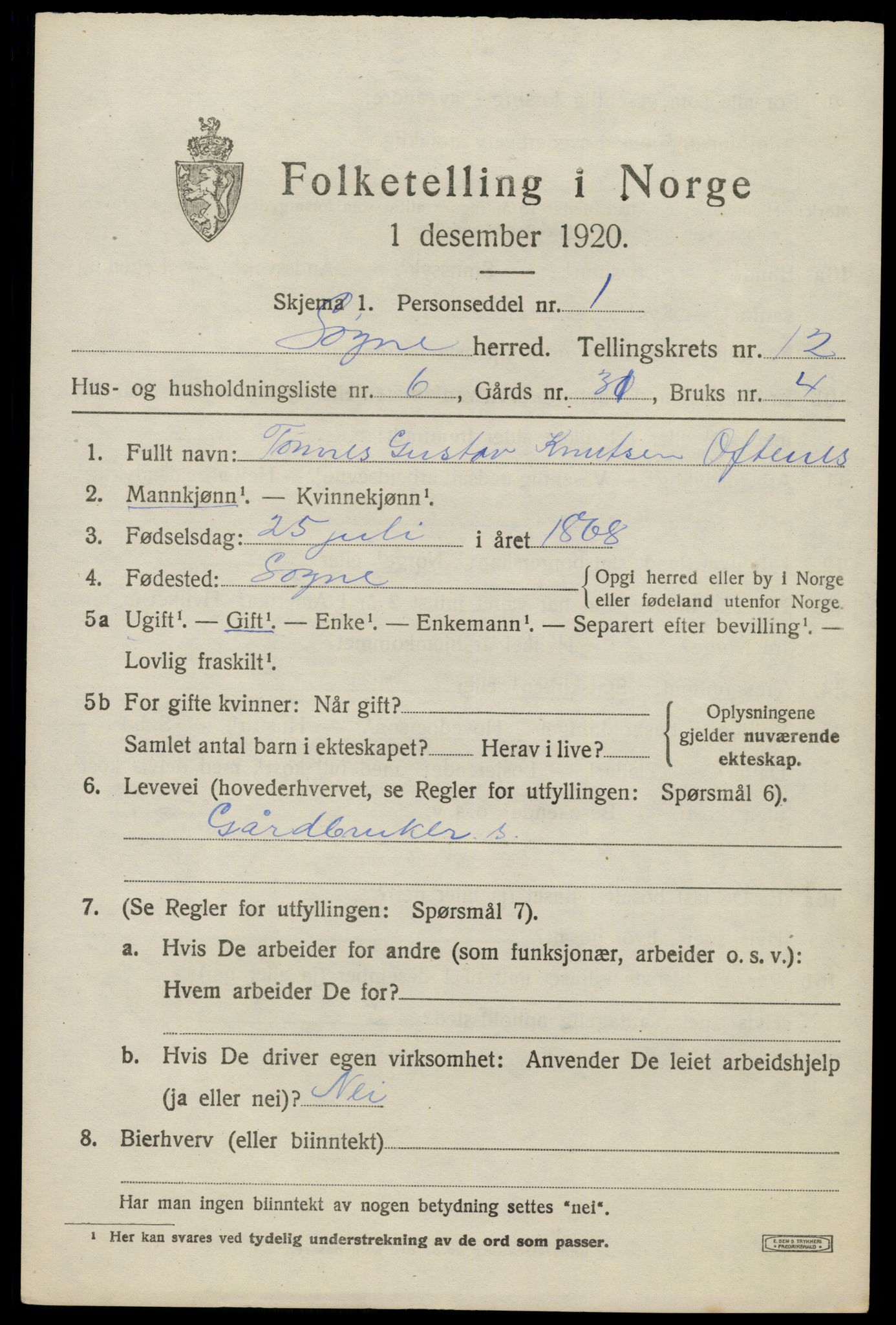 SAK, 1920 census for Søgne, 1920, p. 5991