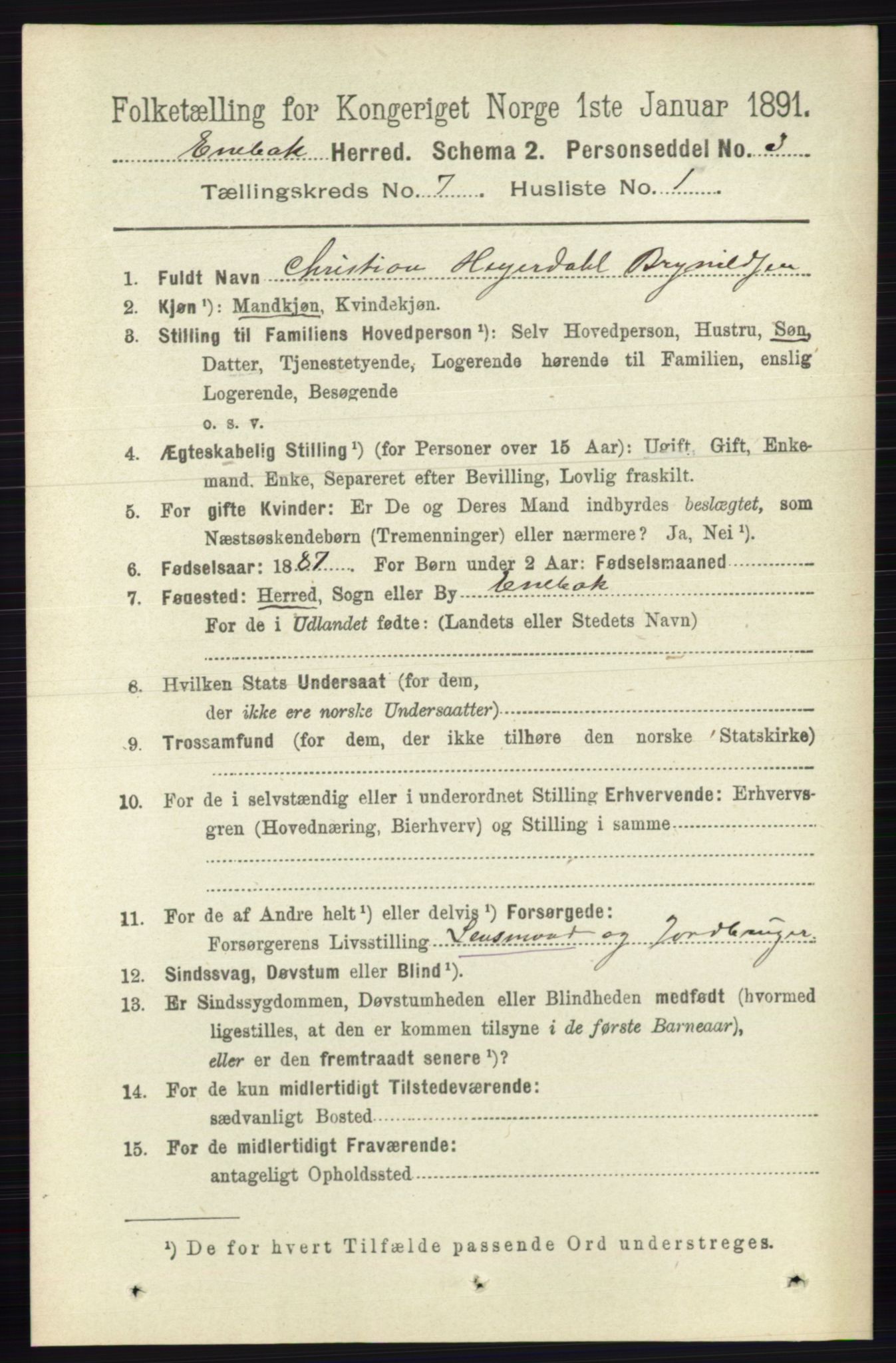 RA, 1891 census for 0229 Enebakk, 1891, p. 3569