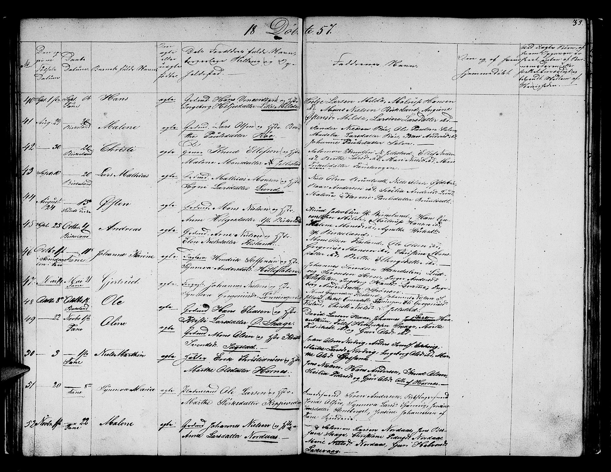 Fana Sokneprestembete, SAB/A-75101/H/Hab/Habb/L0002: Parish register (copy) no. B 2, 1851-1860, p. 39