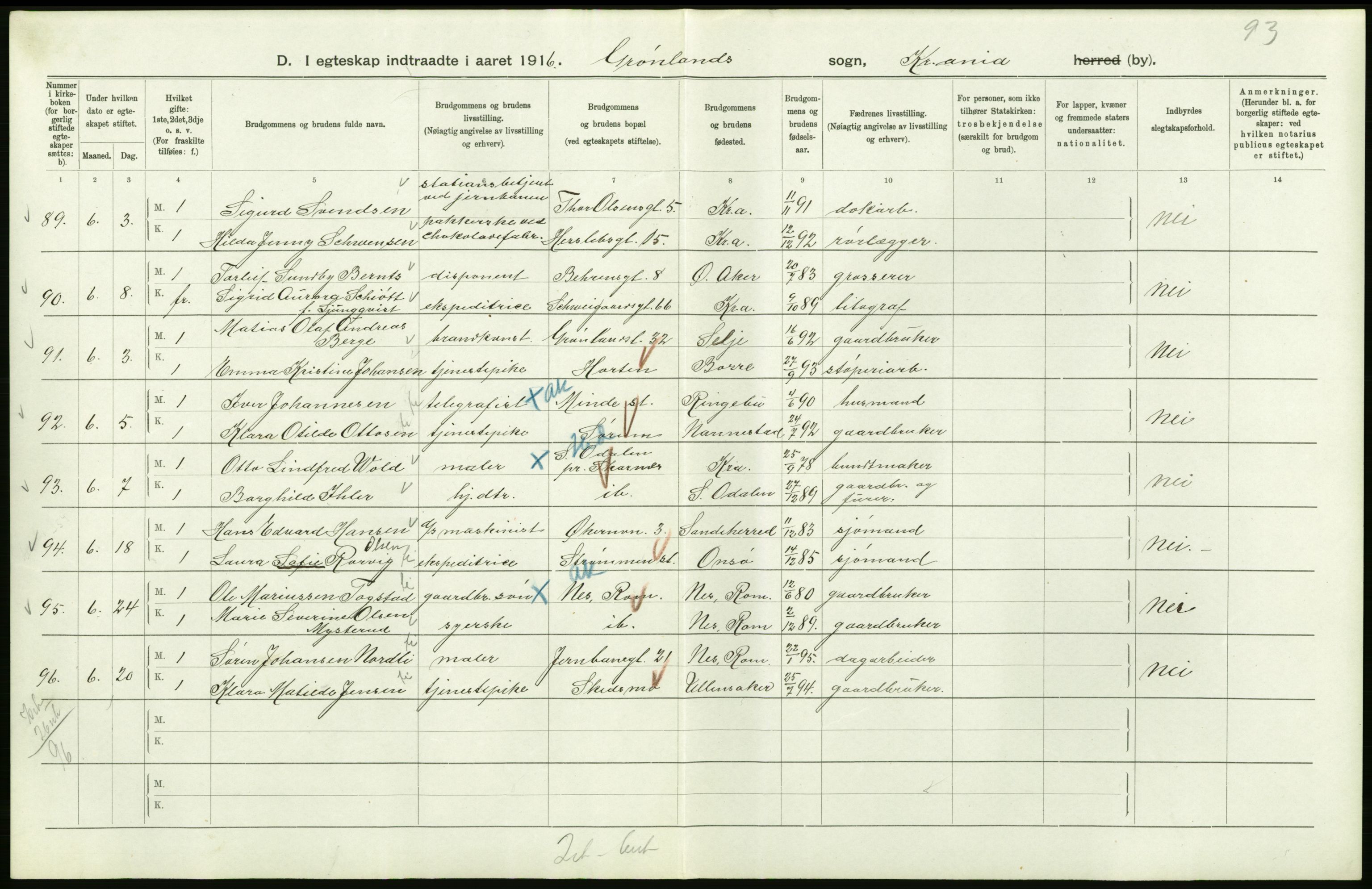 Statistisk sentralbyrå, Sosiodemografiske emner, Befolkning, AV/RA-S-2228/D/Df/Dfb/Dfbf/L0008: Kristiania: Gifte, 1916, p. 562