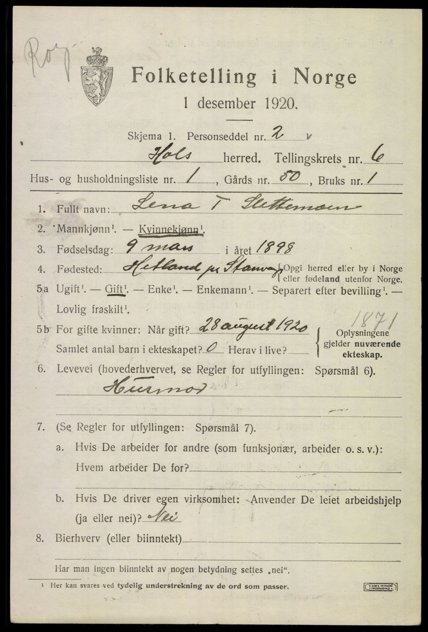 SAKO, 1920 census for Hol (Buskerud), 1920, p. 2949