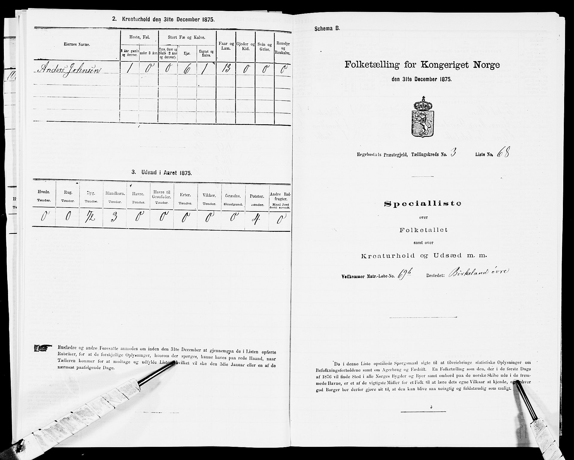 SAK, 1875 census for 1034P Hægebostad, 1875, p. 337