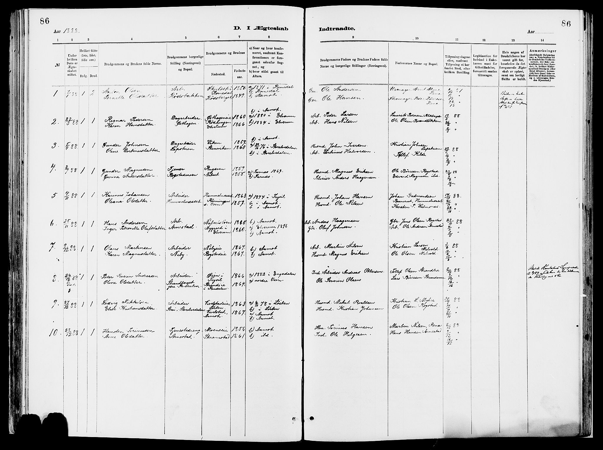 Åmot prestekontor, Hedmark, AV/SAH-PREST-056/H/Ha/Haa/L0010: Parish register (official) no. 10, 1884-1889, p. 86