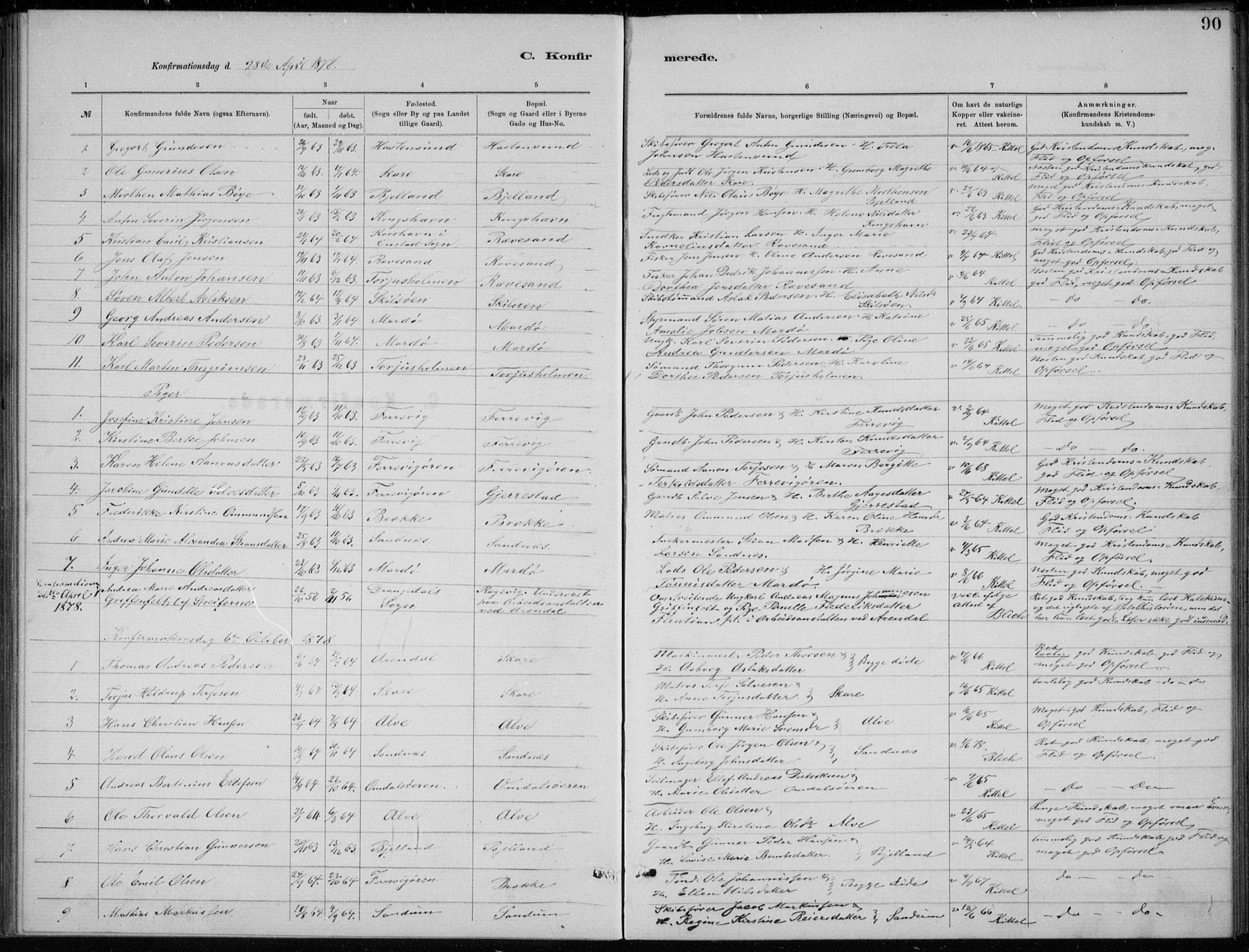 Tromøy sokneprestkontor, SAK/1111-0041/F/Fb/L0005: Parish register (copy) no. B 5, 1877-1891, p. 90