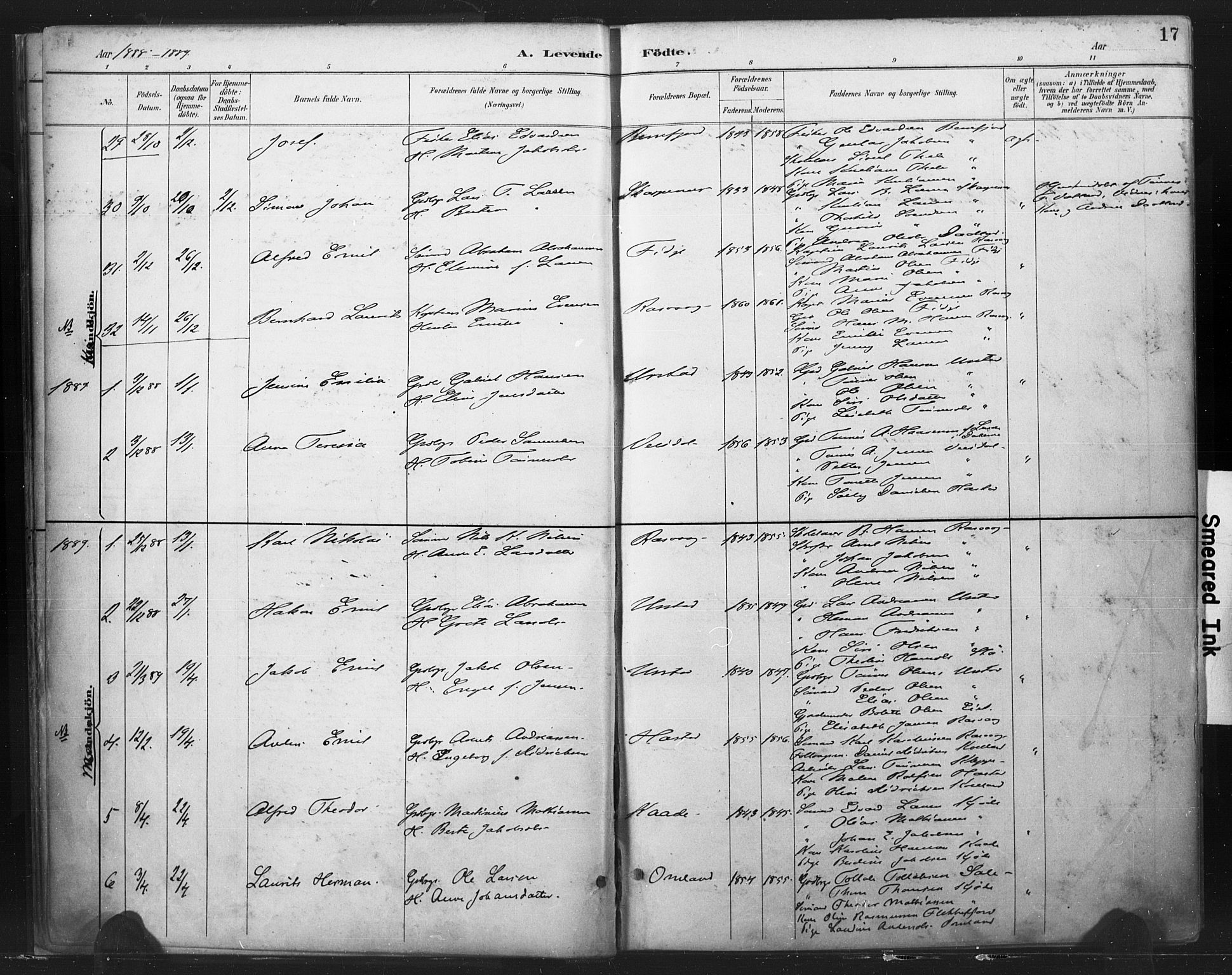 Flekkefjord sokneprestkontor, SAK/1111-0012/F/Fa/Fab/L0006: Parish register (official) no. A 6, 1886-1901, p. 17