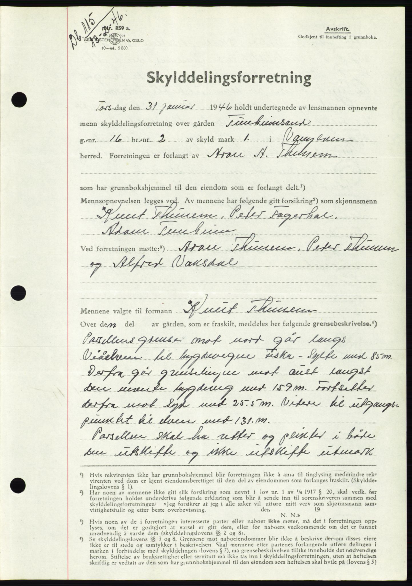 Søre Sunnmøre sorenskriveri, AV/SAT-A-4122/1/2/2C/L0078: Mortgage book no. 4A, 1946-1946, Diary no: : 115/1946