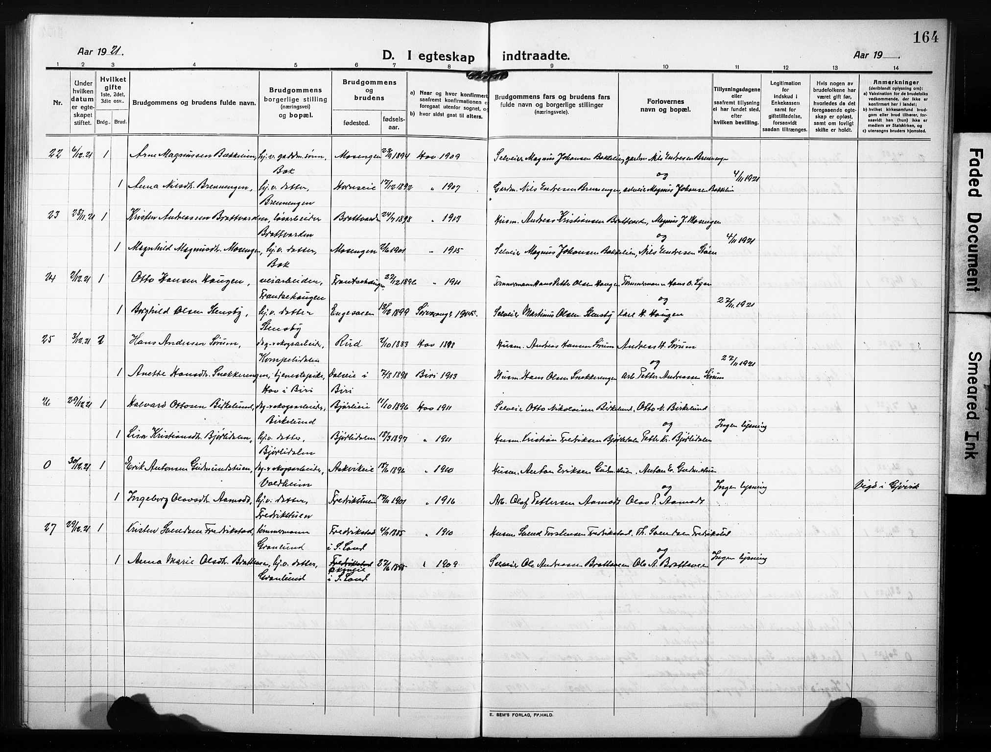 Søndre Land prestekontor, SAH/PREST-122/L/L0007: Parish register (copy) no. 7, 1915-1932, p. 164