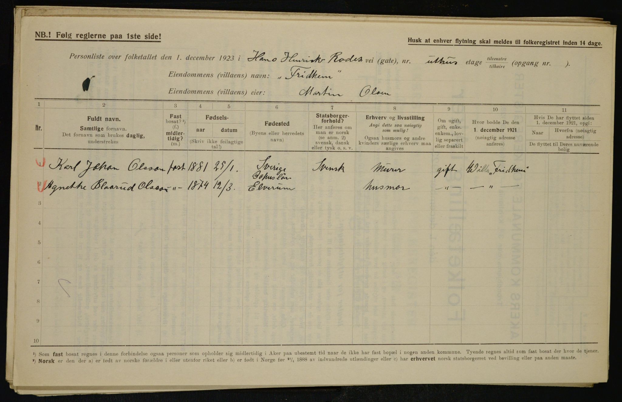 , Municipal Census 1923 for Aker, 1923, p. 43991